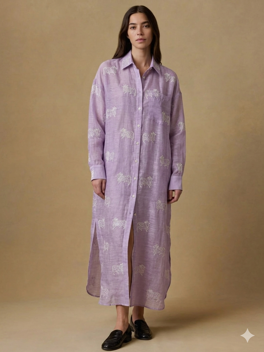 Lavender Silk Linen Fabric With Nandi Embroidery