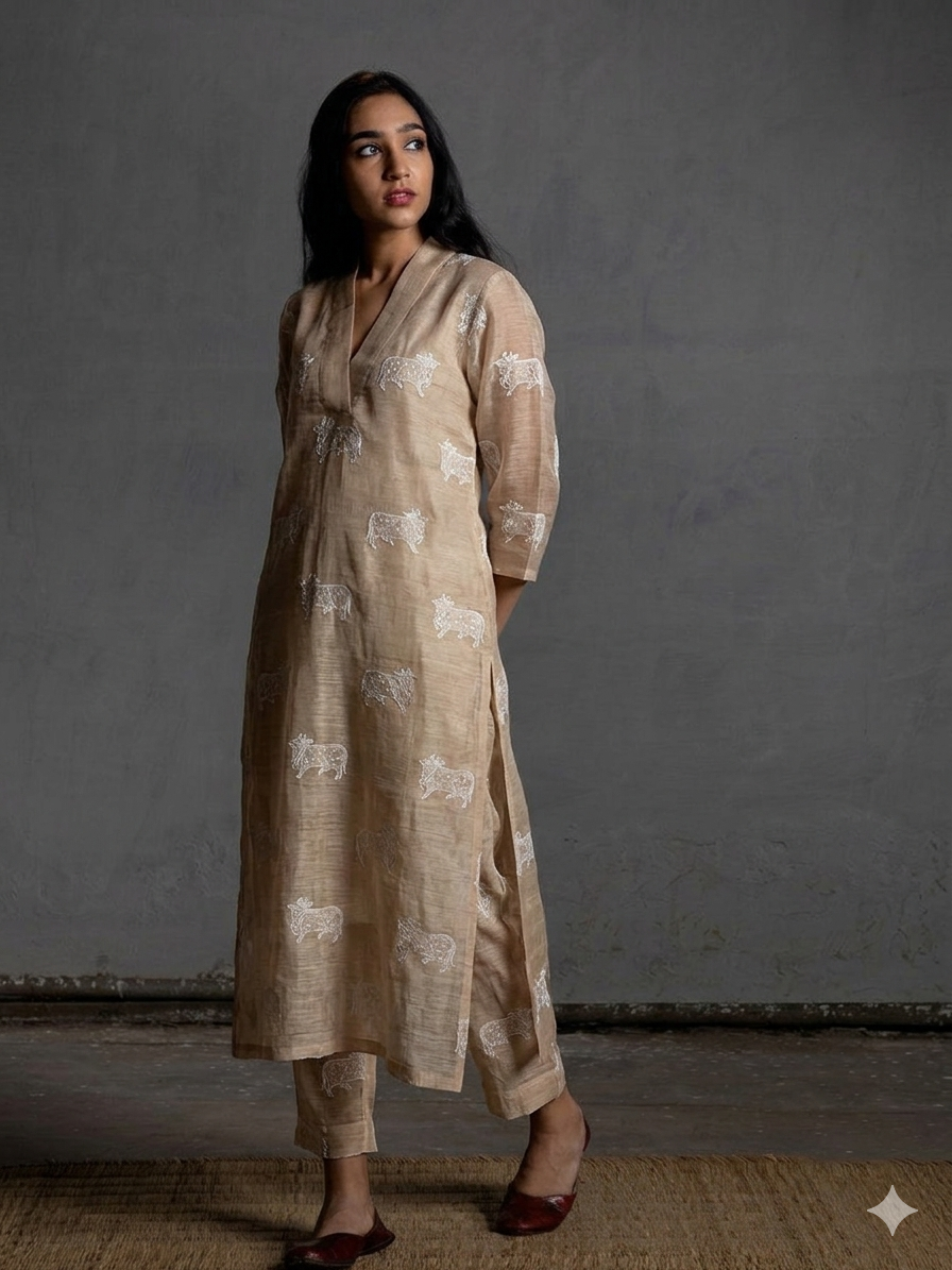 Tussar Beige Silk Linen Fabric With Nandi Embroidery