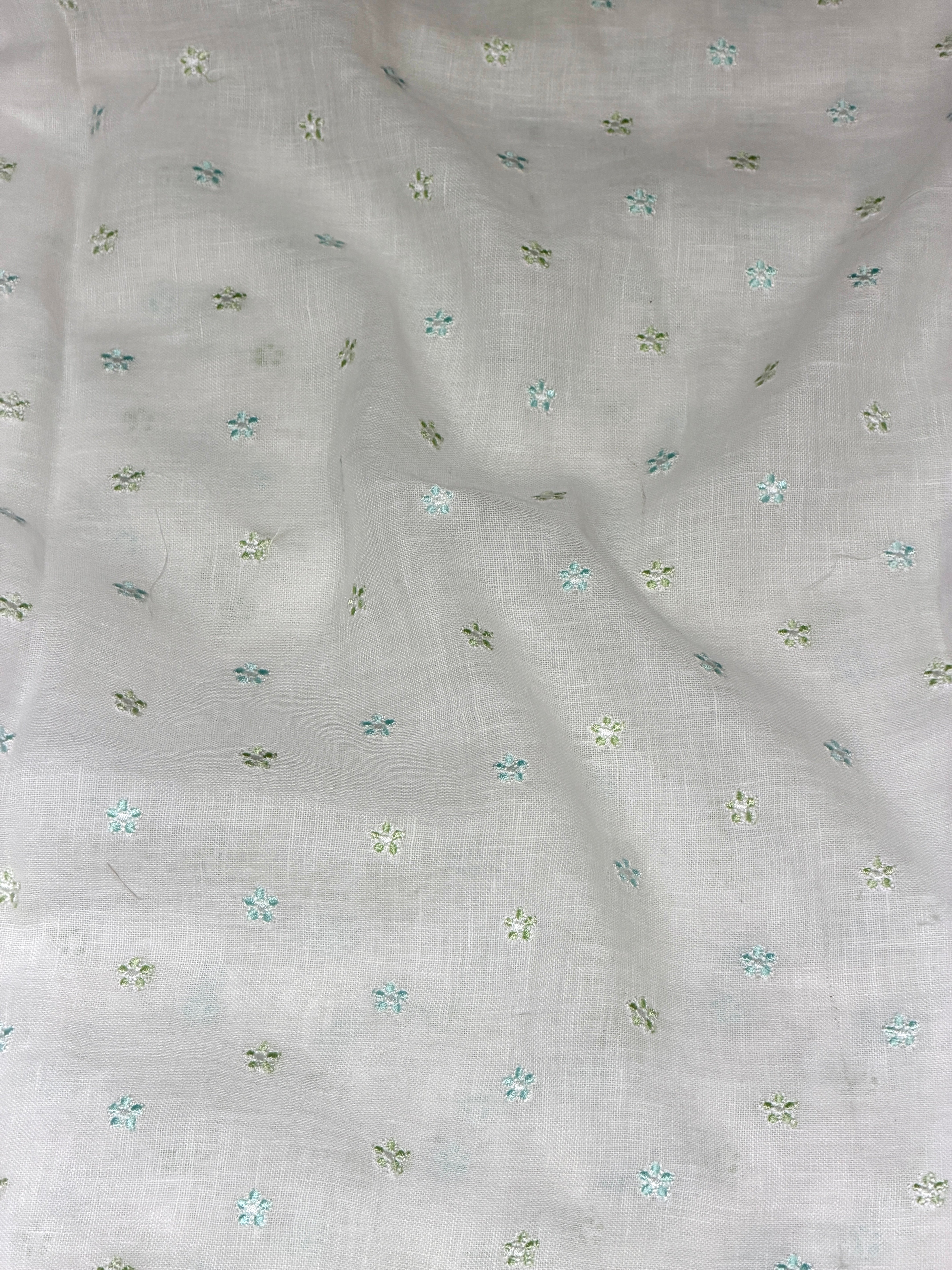 White Linen Fabric With Floral Embroidery