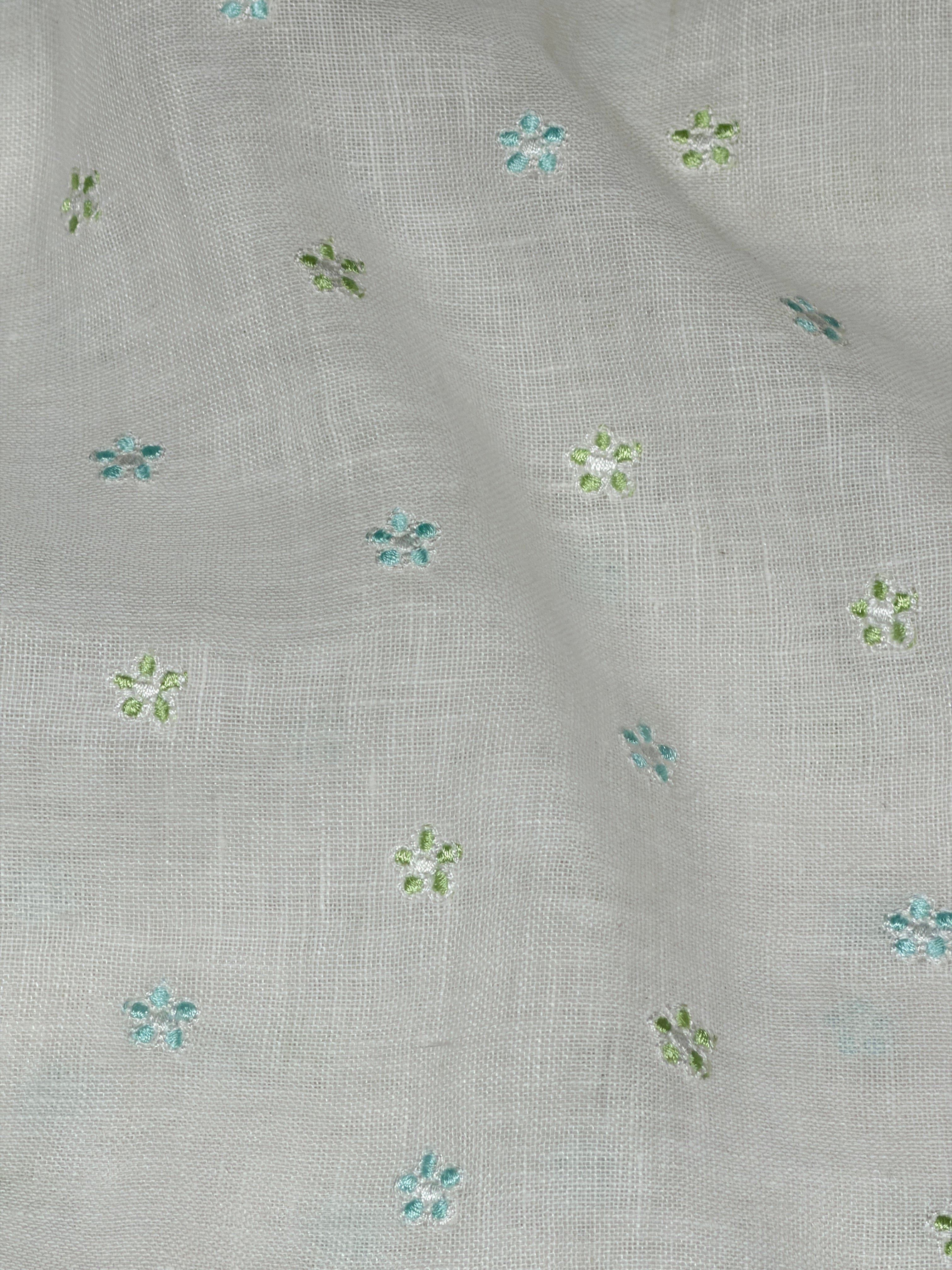 White Linen Fabric With Floral Embroidery