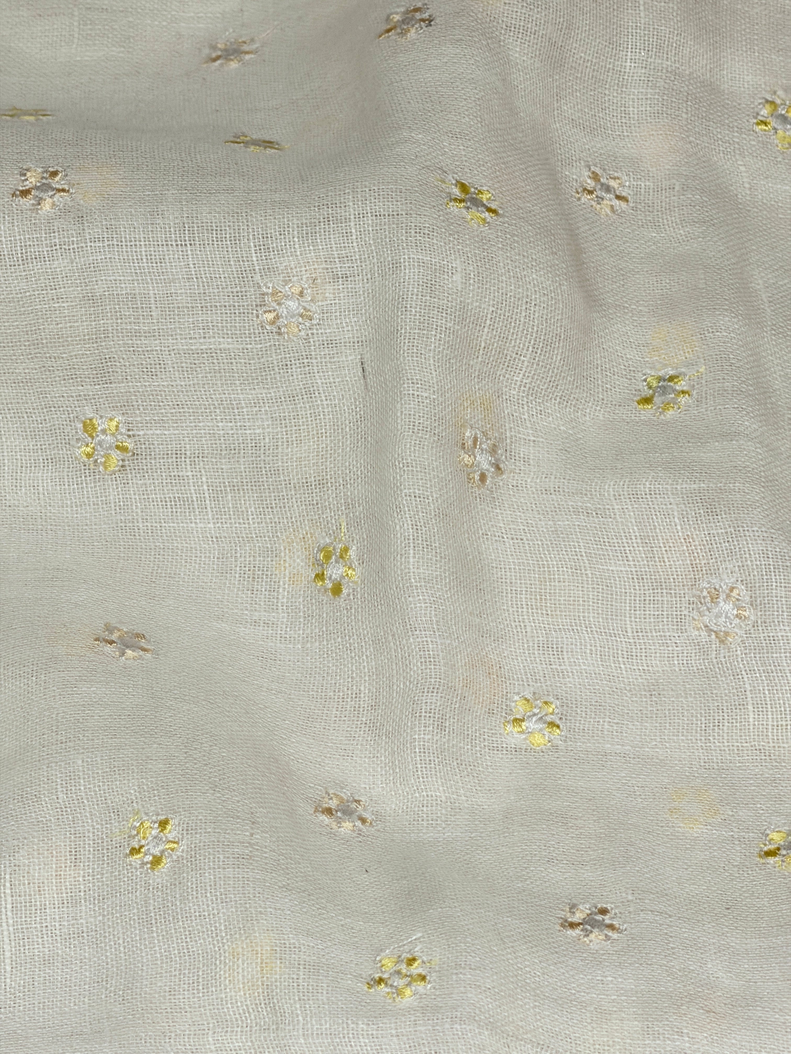 White Linen Fabric With Floral Embroidery