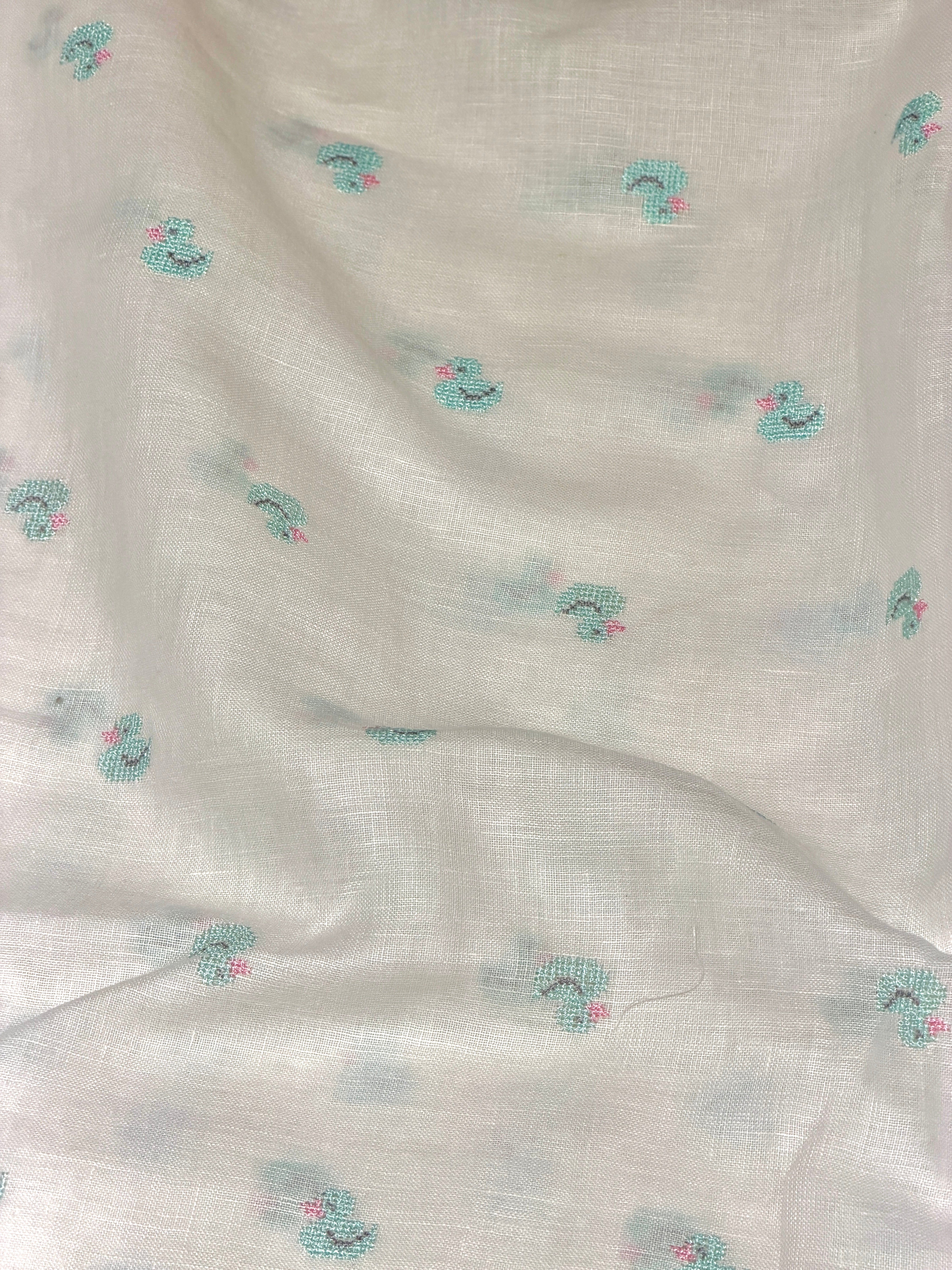 White Linen Fabric With Duck Embroidery