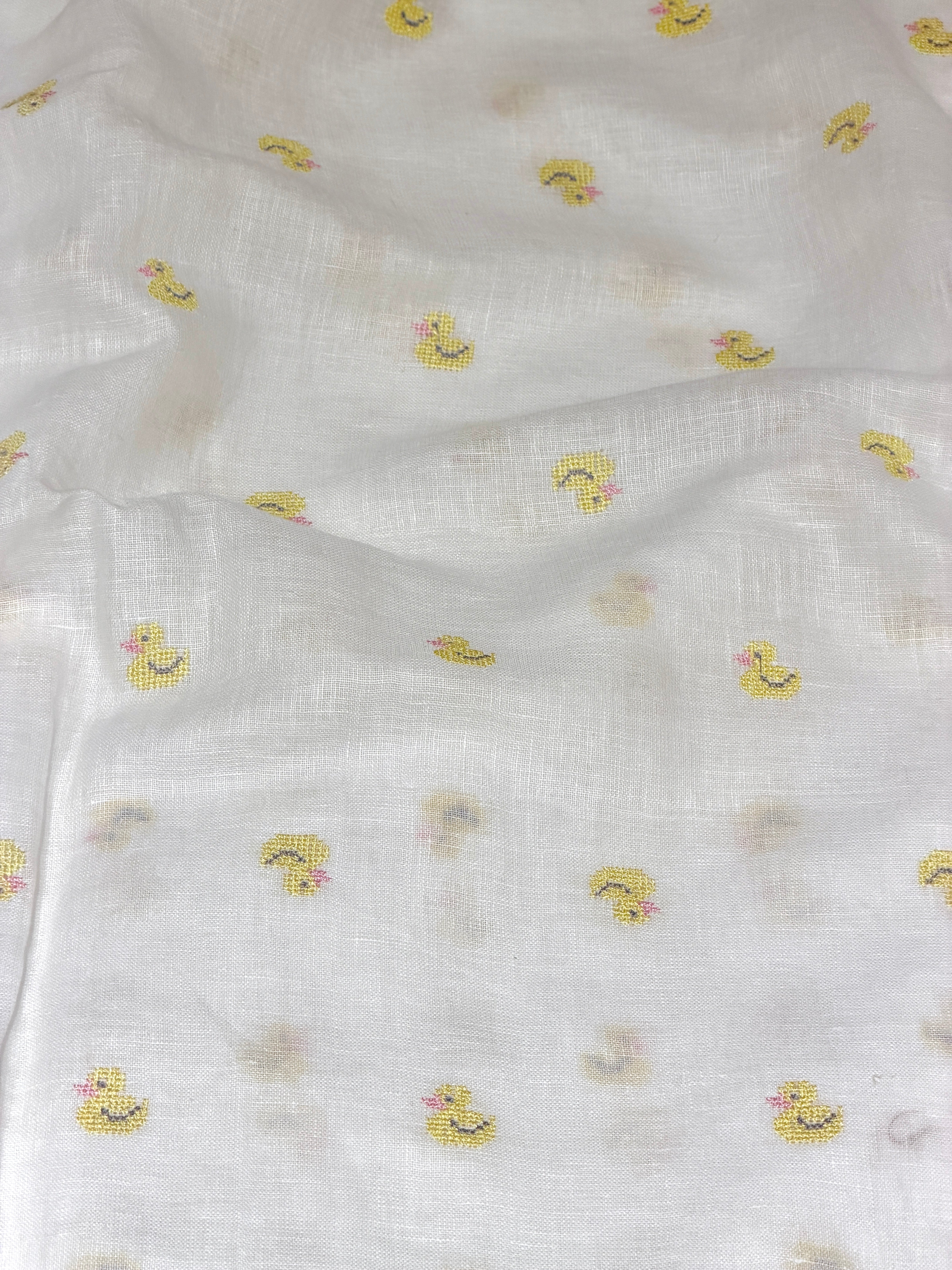 White Linen Fabric With Duck Embroidery