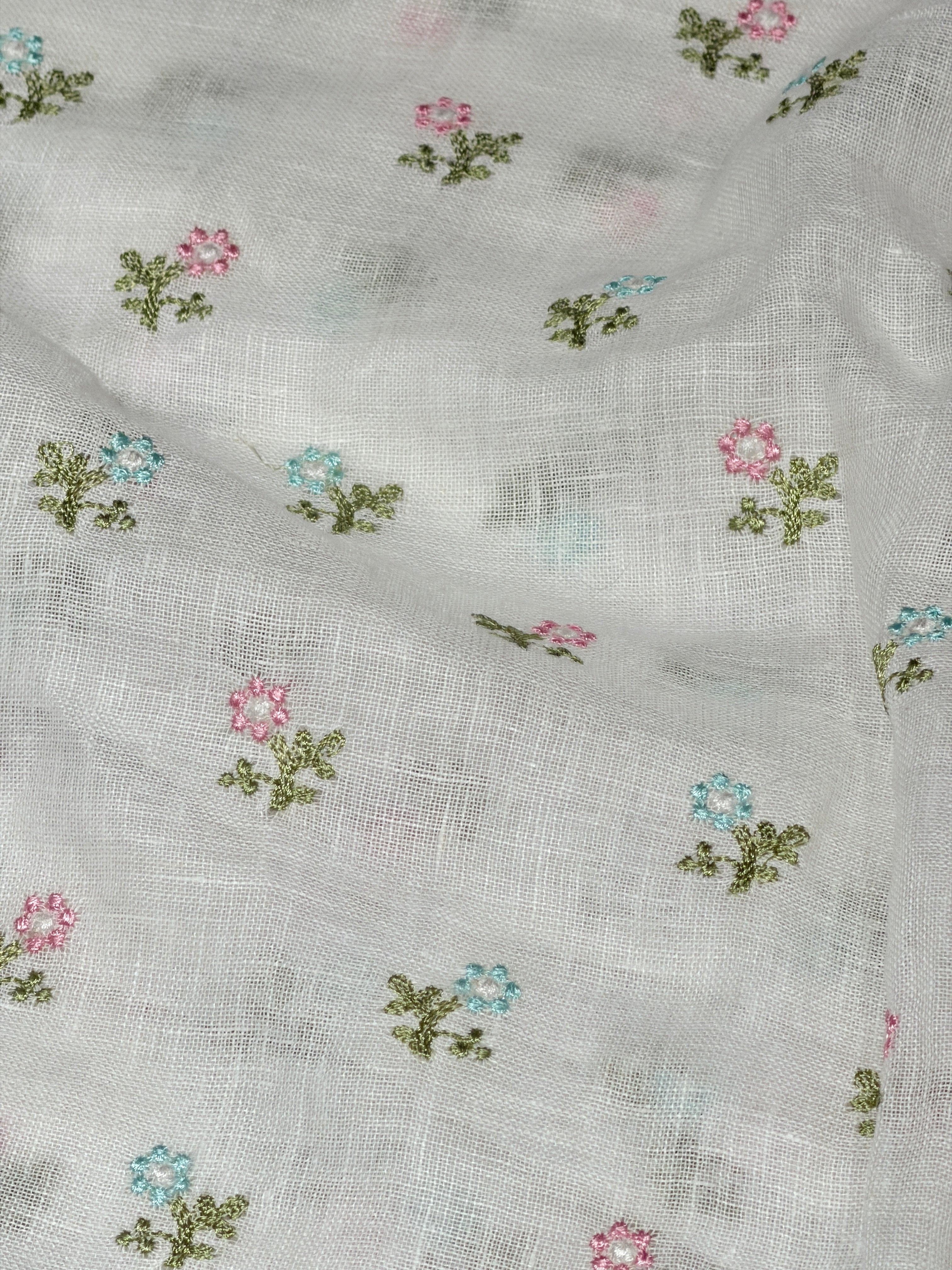 White Linen Fabric With Flower Embroidery