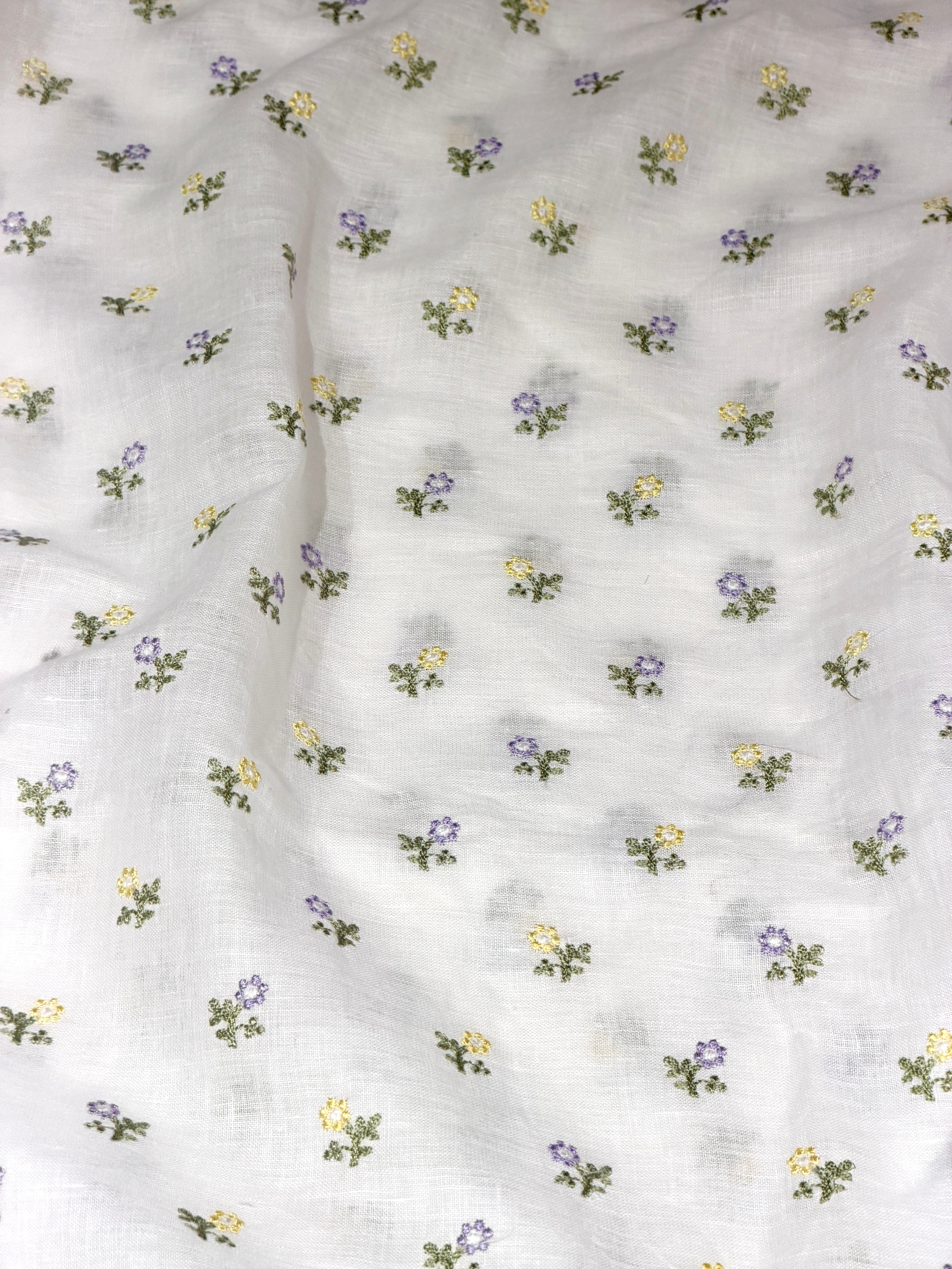 White Linen Fabric With Flower Embroidery