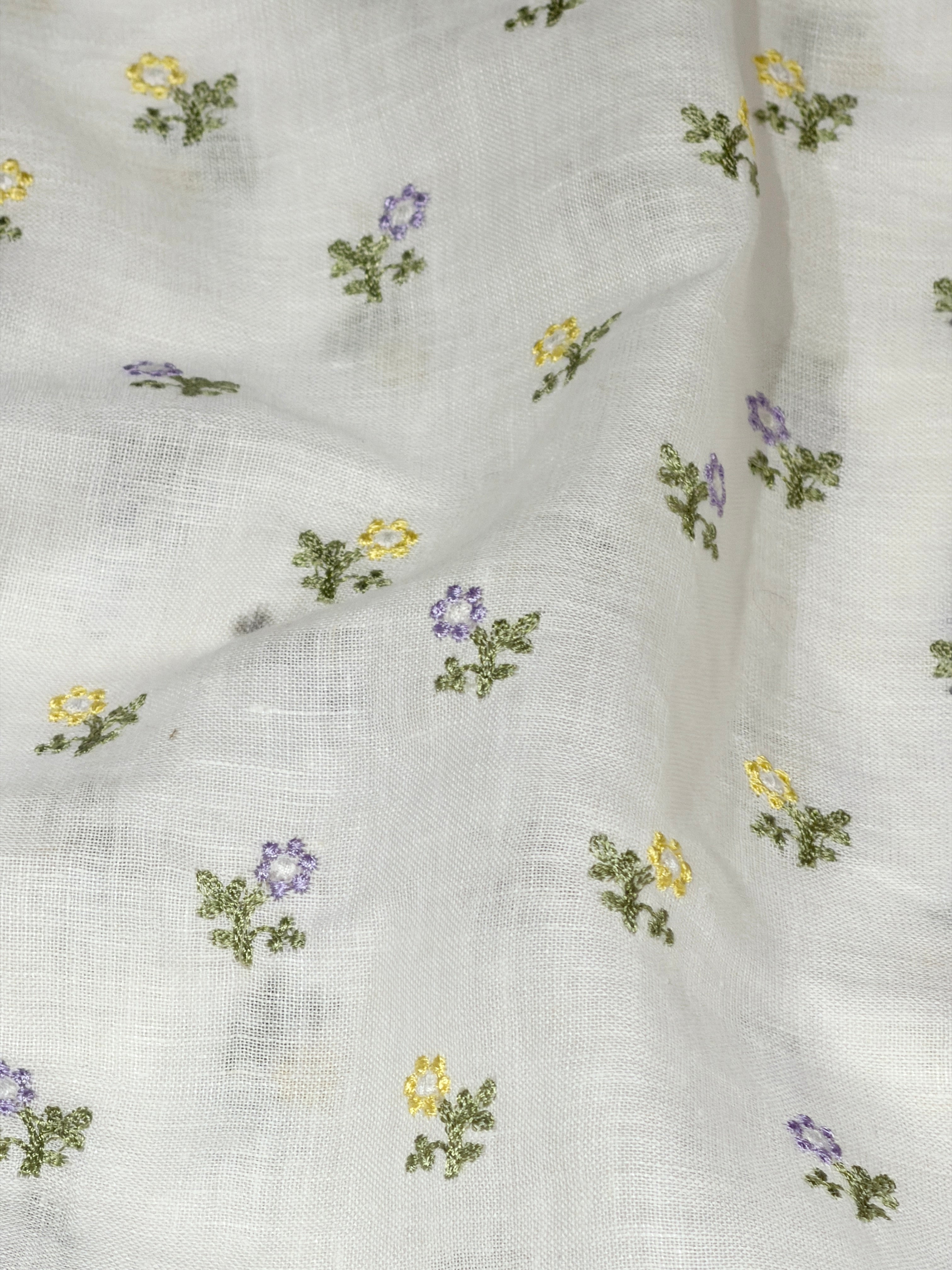 White Linen Fabric With Flower Embroidery
