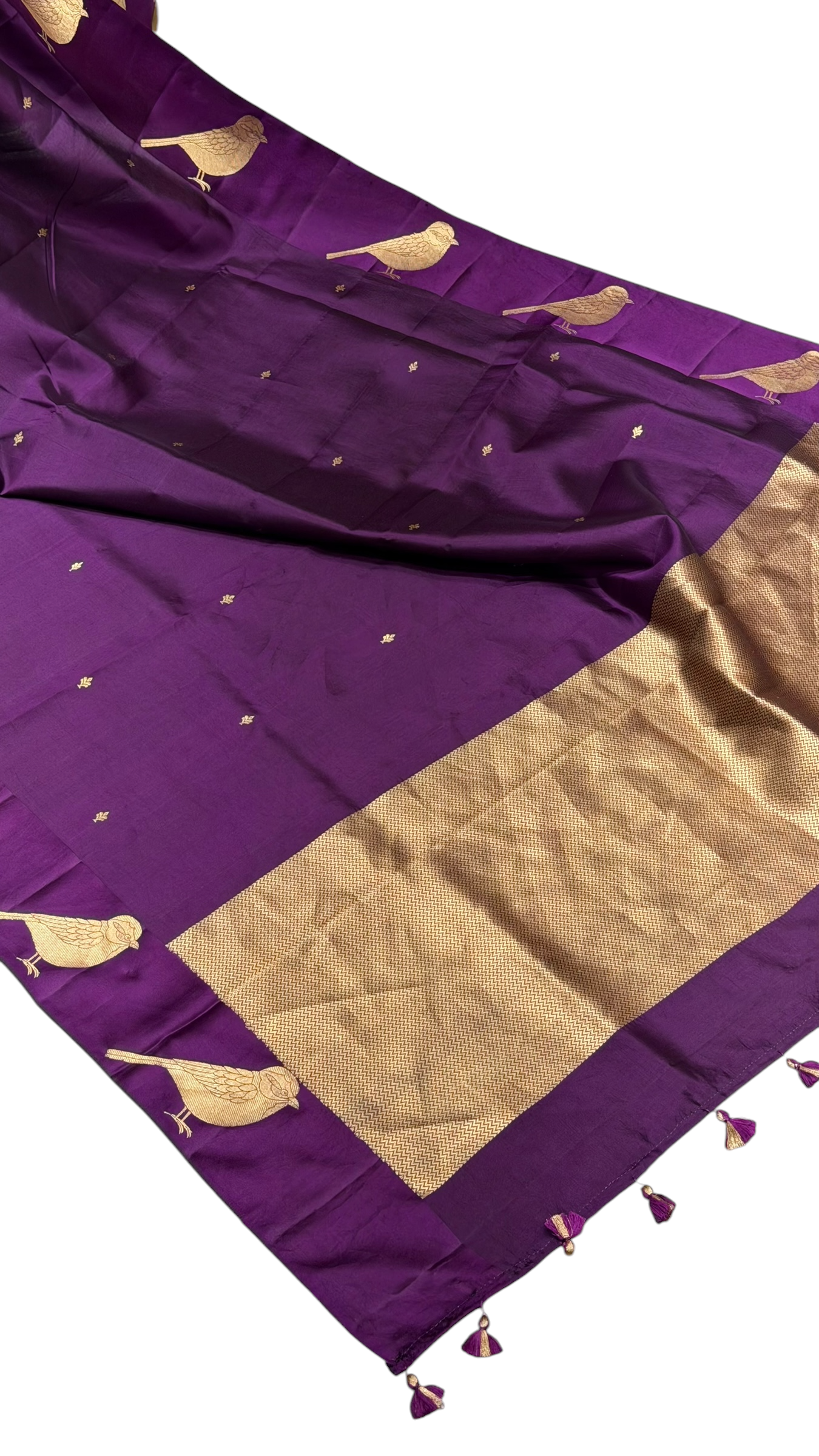 Purple Pure Banrasi Soft Silk Saree With Bird Motifs