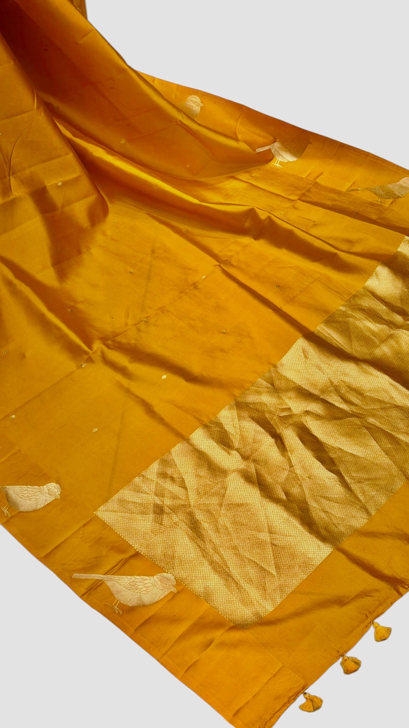 Mustard Yellow Pure Banarasi Soft Silk Saree With Bird Motifs