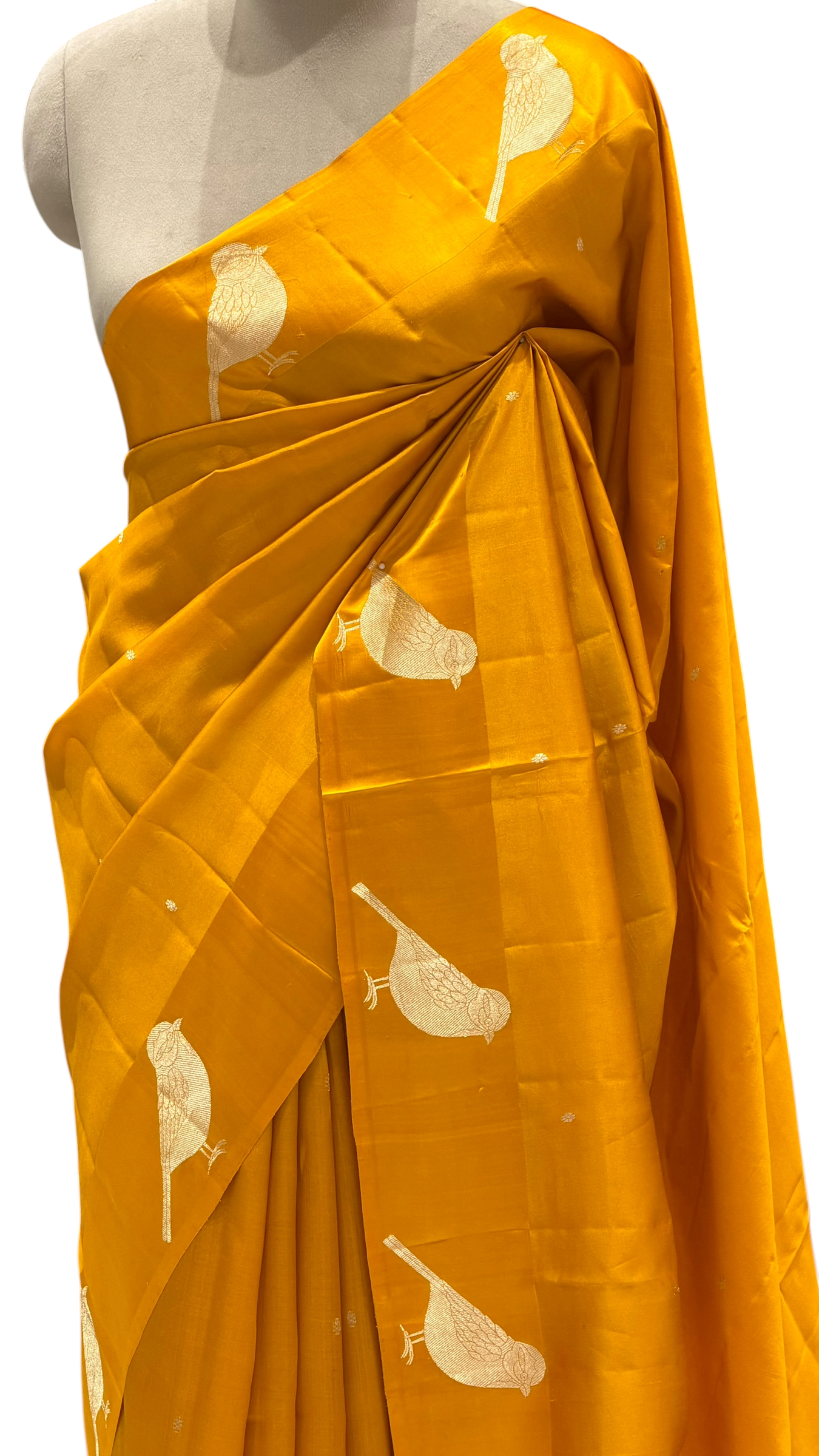 Mustard Yellow Pure Banarasi Soft Silk Saree With Bird Motifs