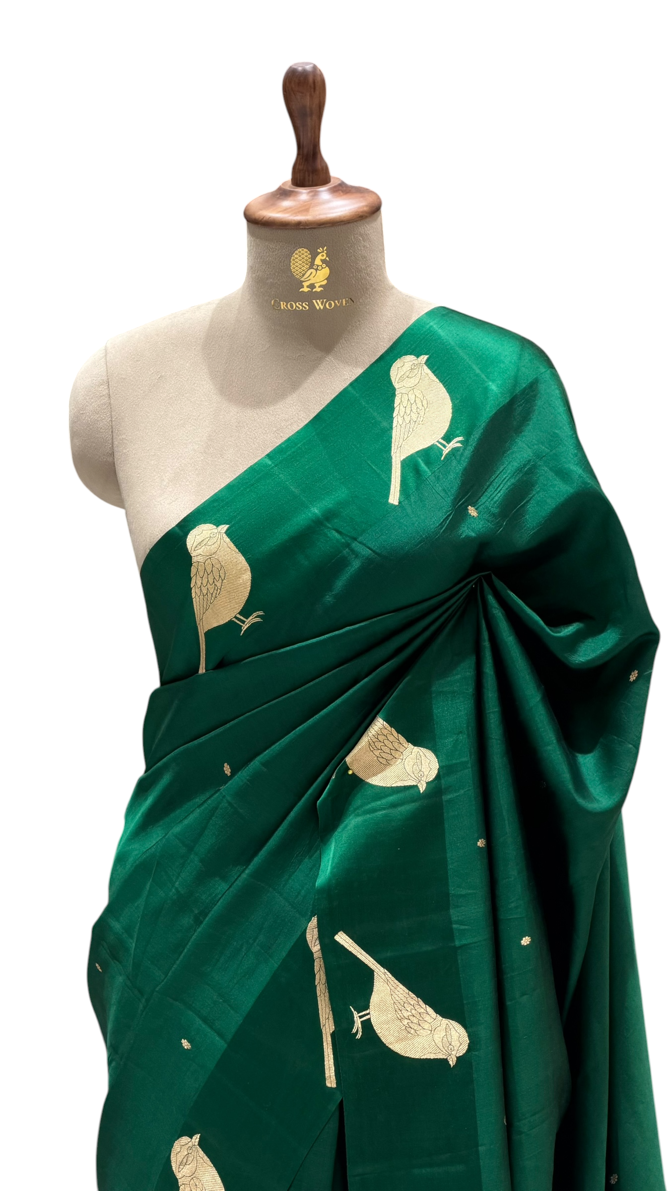 Gayatri Mantra Embellished Handwoven Emerald Green Banarasi Soft Silk Saree With Bird Motifs