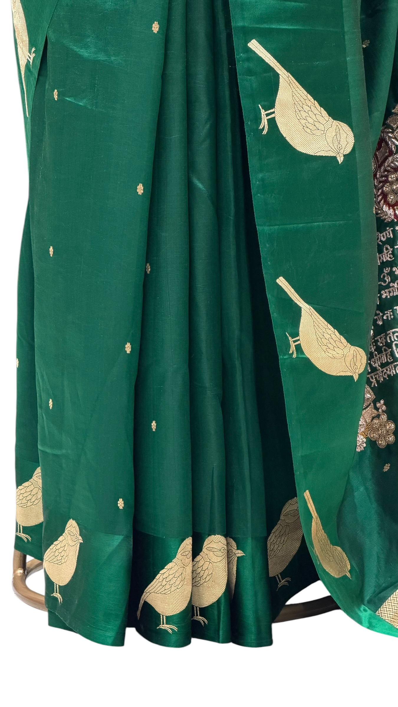 Gayatri Mantra Embellished Handwoven Emerald Green Banarasi Soft Silk Saree With Bird Motifs