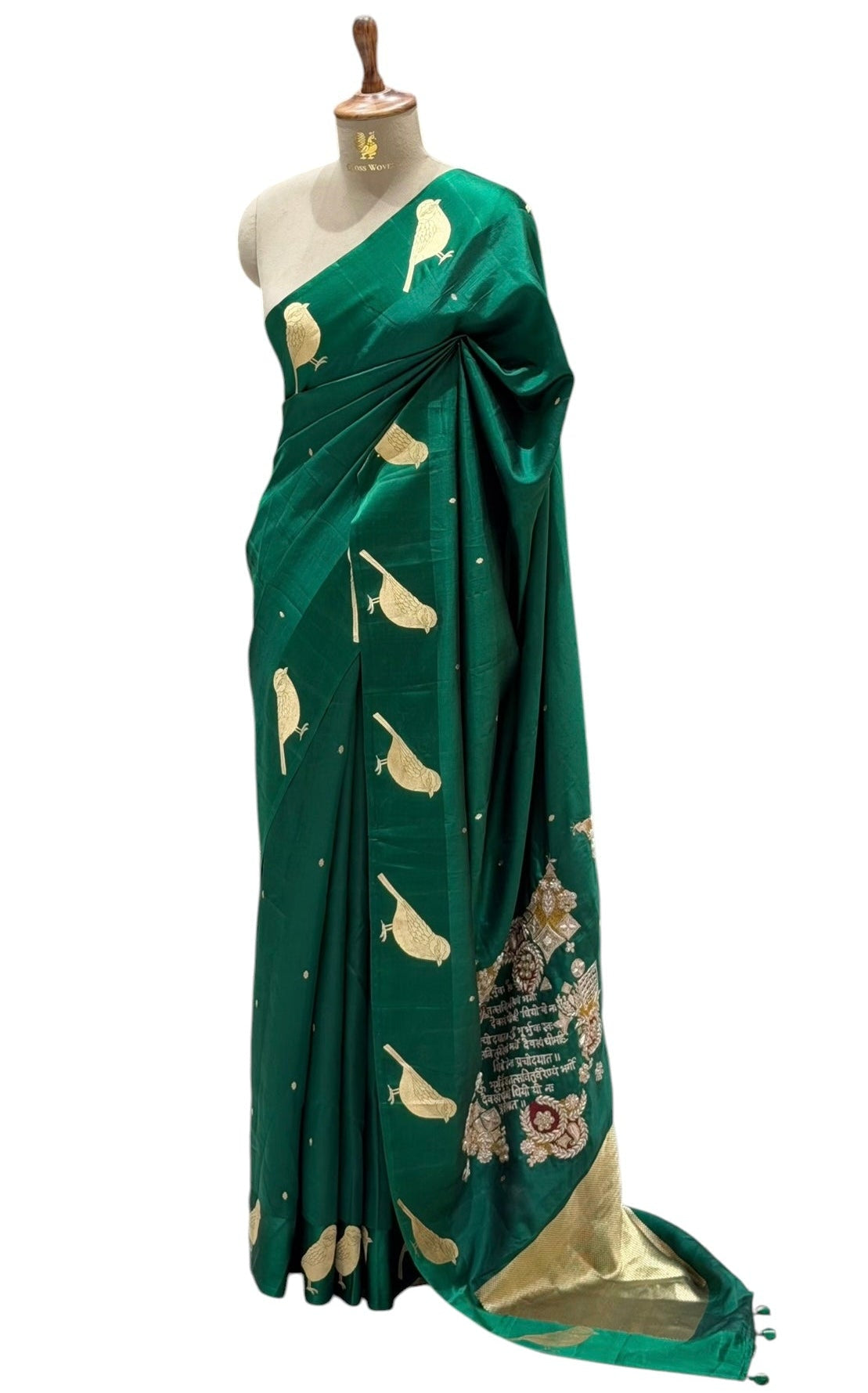 Gayatri Mantra Embellished Handwoven Emerald Green Banarasi Soft Silk Saree With Bird Motifs