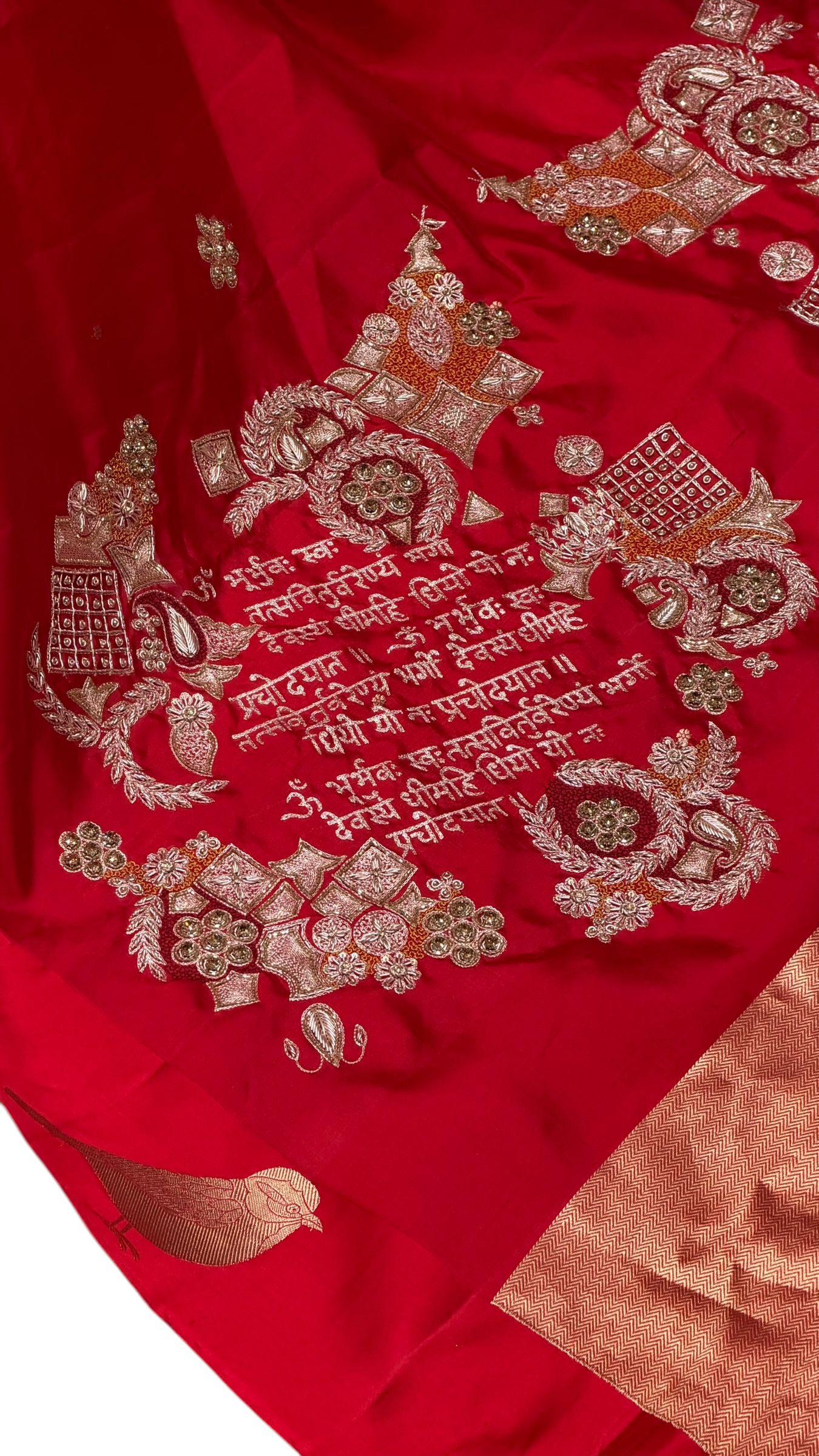Nita Ambani Inspired Gayatri Mantra Embellished Handwoven Red Banarasi Soft Silk Saree With Bird Motifs