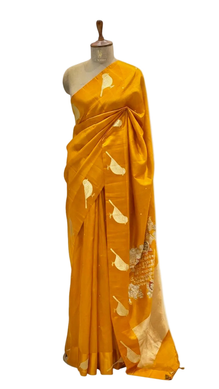 Gayatri Mantra Embellished Handwoven Golden Yellow Banarasi Soft Silk Saree With Bird Motifs