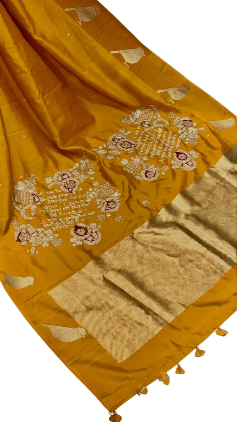 Gayatri Mantra Embellished Handwoven Golden Yellow Banarasi Soft Silk Saree With Bird Motifs