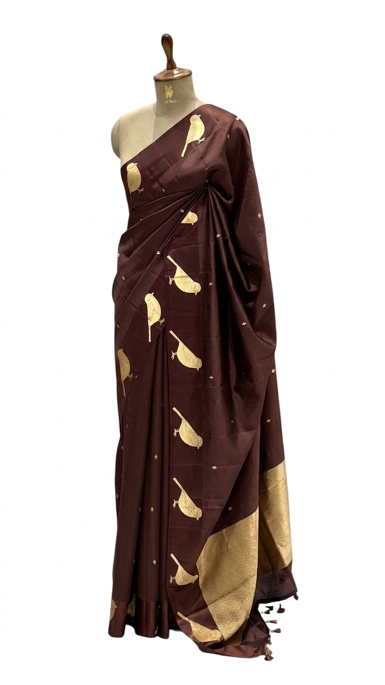 Deep Brown Pure Banrasi Soft Silk Saree With Bird Motifs