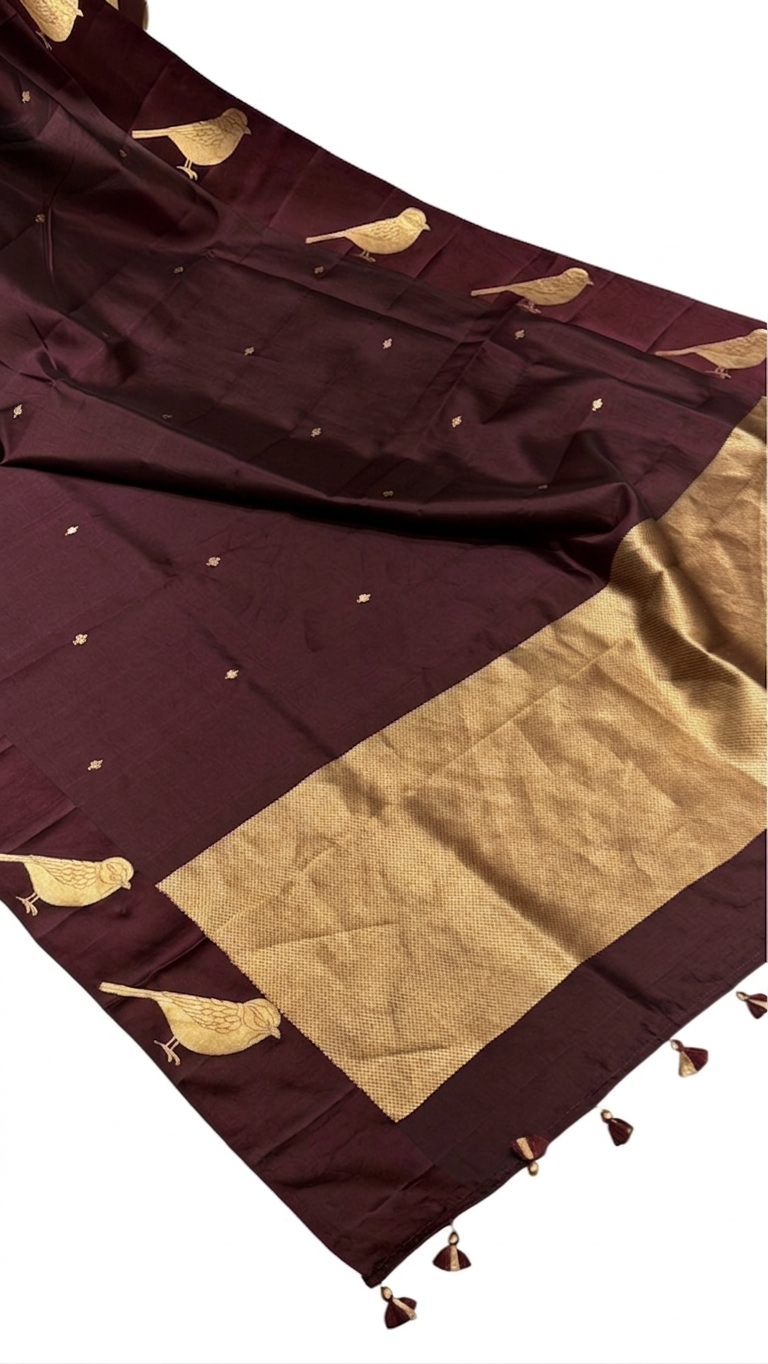 Deep Brown Pure Banrasi Soft Silk Saree With Bird Motifs