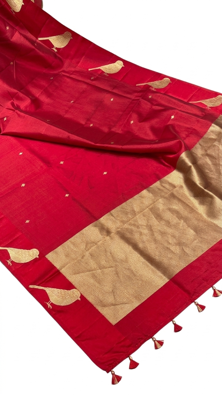 Red Pure Banrasi Soft Silk Saree With Bird Motifs