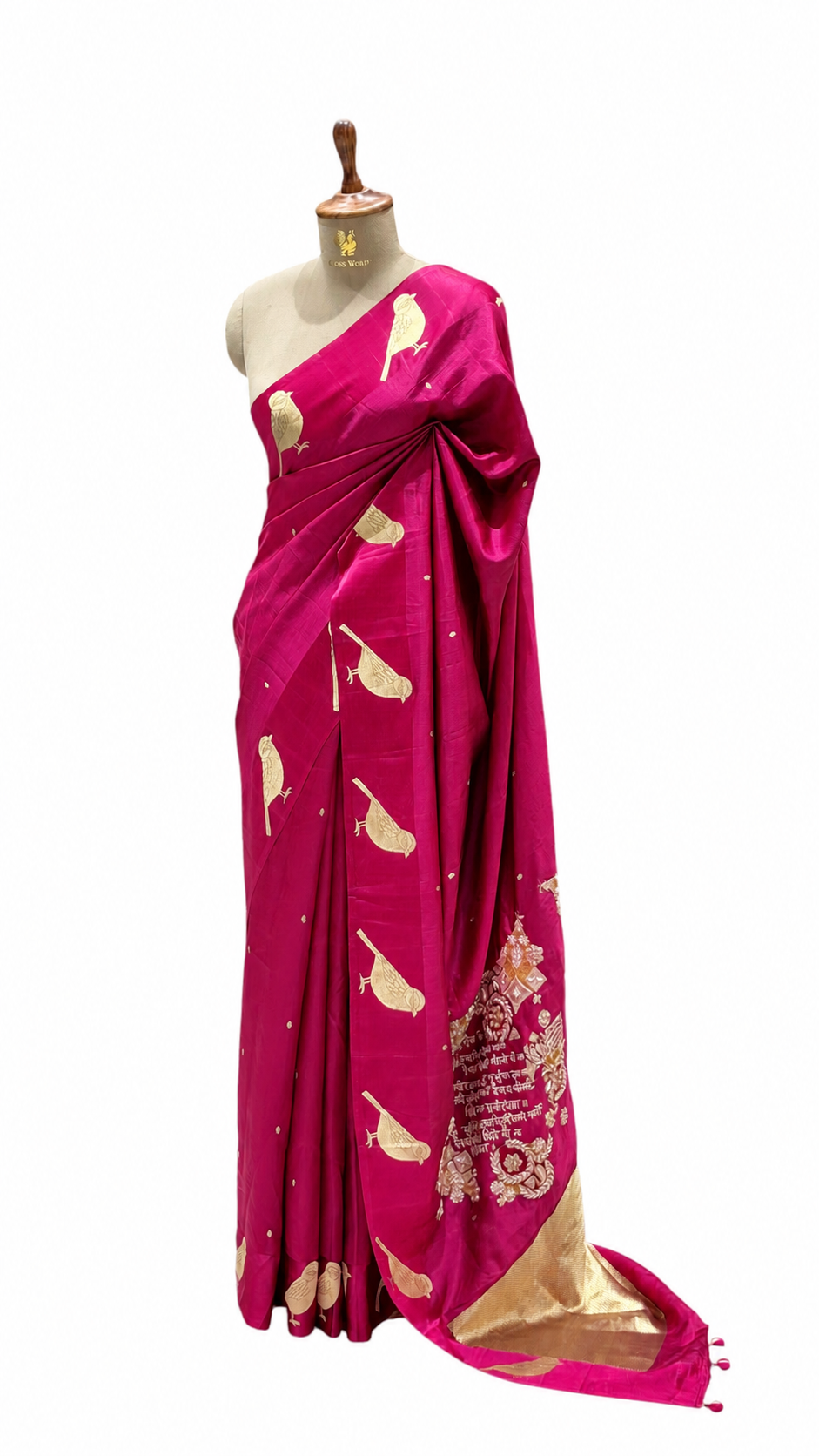 Gayatri Mantra Embellished Handwoven Bright Pink Banarasi Soft Silk Saree With Bird Motifs