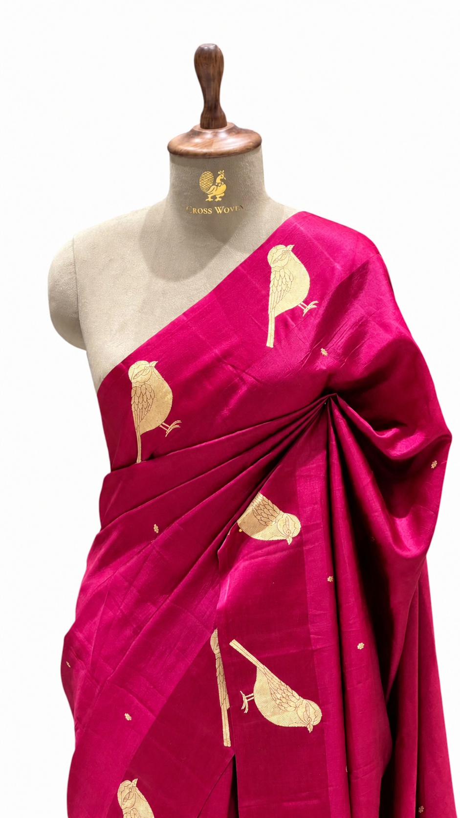 Gayatri Mantra Embellished Handwoven Bright Pink Banarasi Soft Silk Saree With Bird Motifs