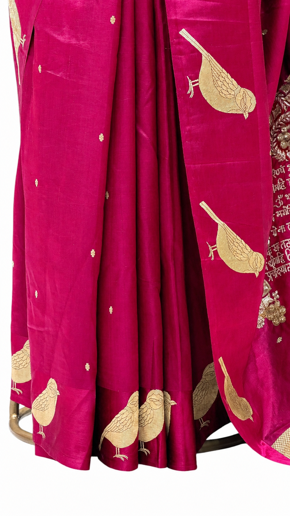 Gayatri Mantra Embellished Handwoven Bright Pink Banarasi Soft Silk Saree With Bird Motifs
