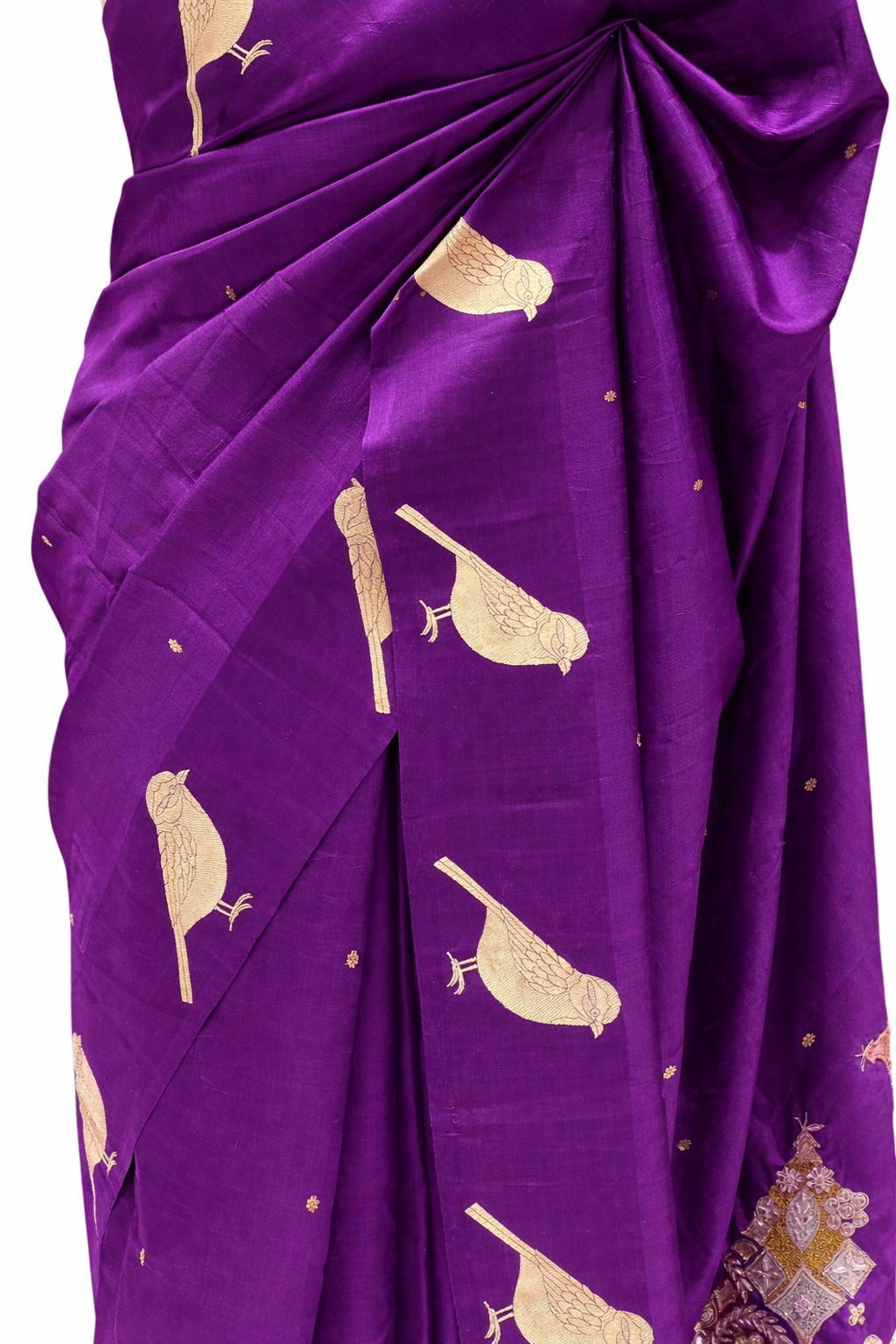 Gayatri Mantra Embellished Handwoven Purple Banarasi Soft Silk Saree With Bird Motifs