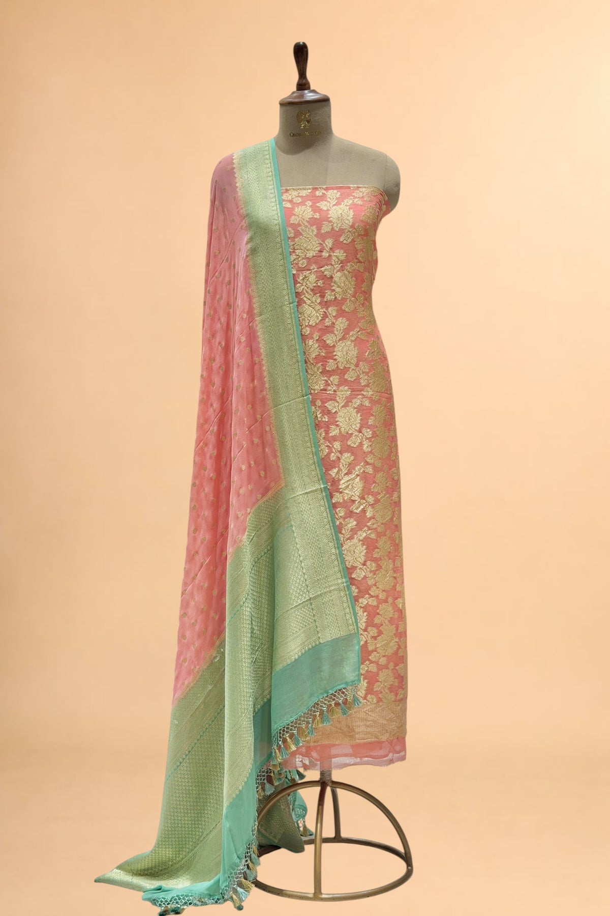 Peach Pure Georgette Suit Set with Contrast Border Dupatta