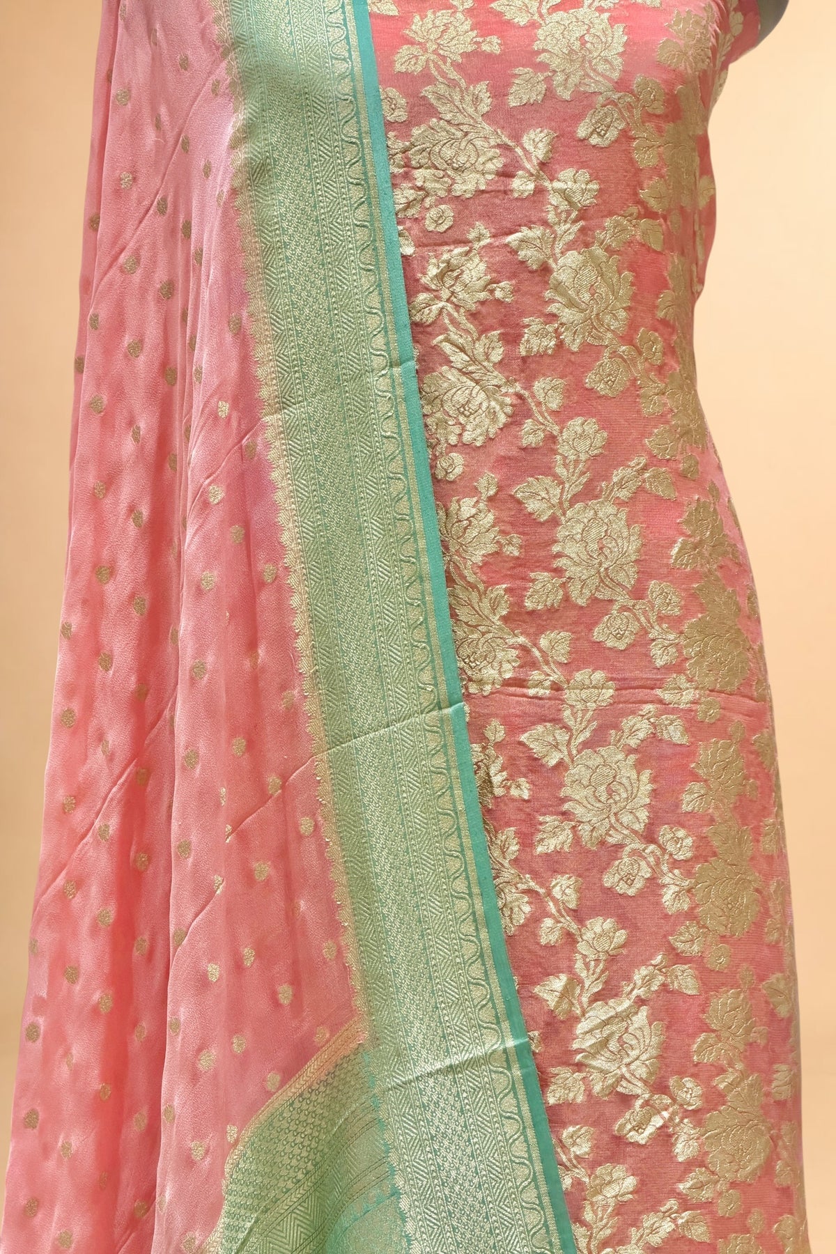 Peach Pure Georgette Suit Set with Contrast Border Dupatta