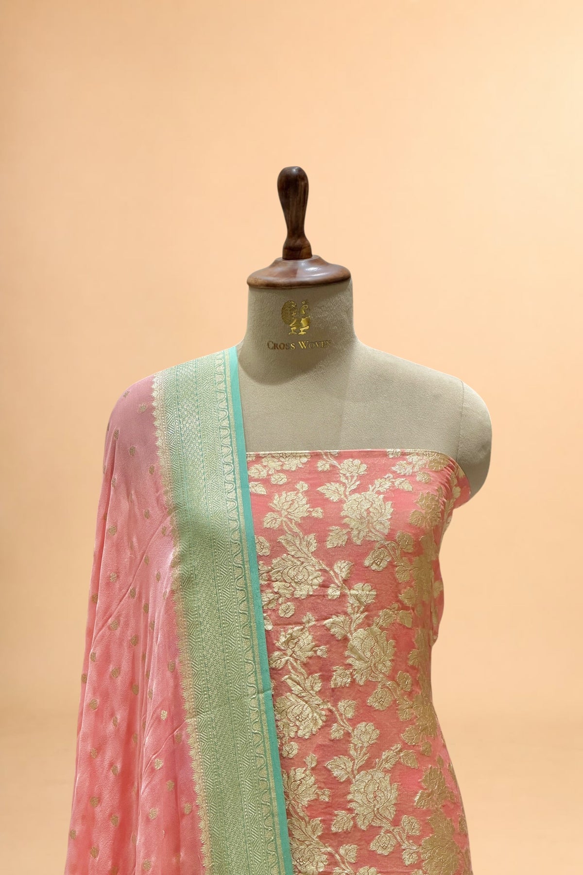 Peach Pure Georgette Suit Set with Contrast Border Dupatta