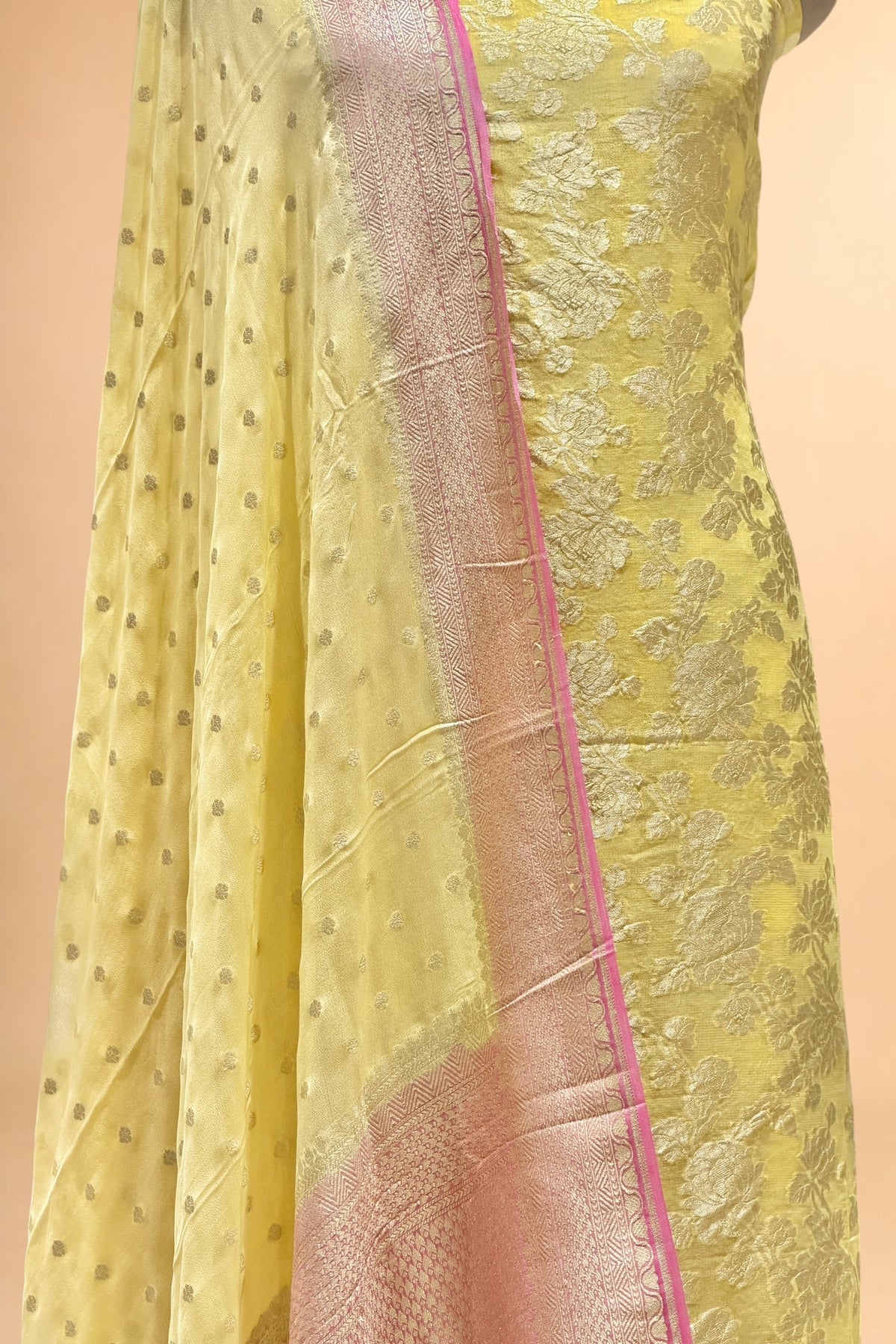 Yellow Pure Georgette Suit Set with Contrast Border Dupatta