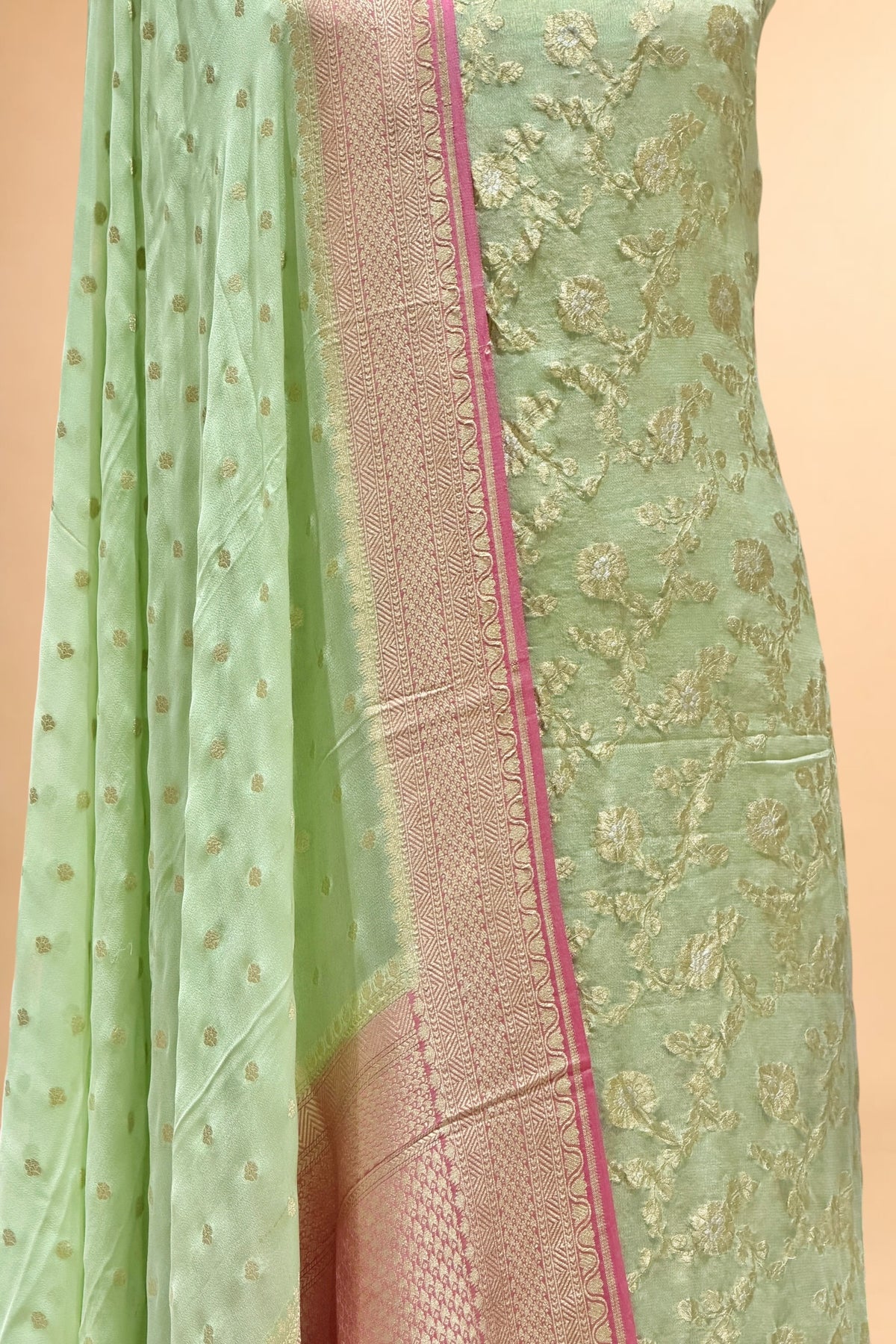 Pastel Green Pure Georgette Suit Set with Contrast Border Dupatta