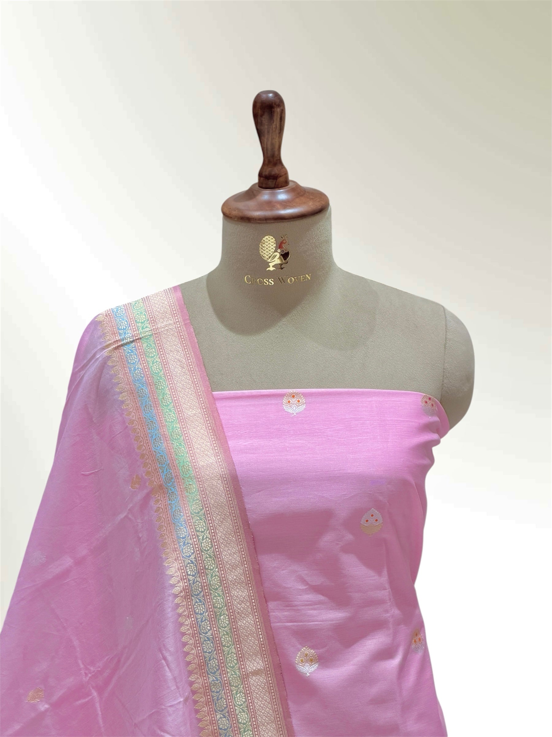 Pink Premium Cotton Banarasi Silk Suit With Meenakari Floral Motif