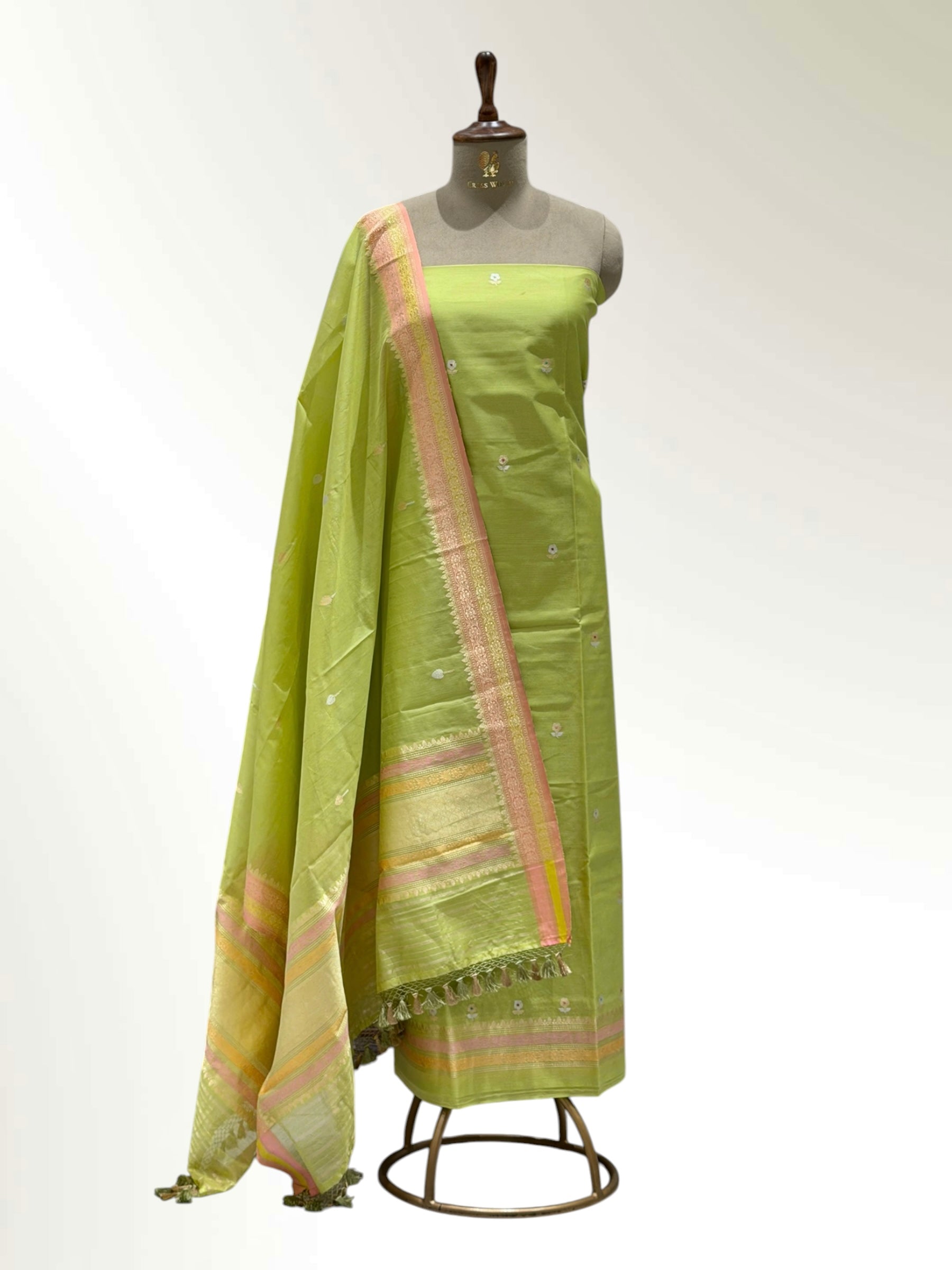 Sage Green Premium Cotton Banarasi Silk Suit With Meenakari Floral Motif