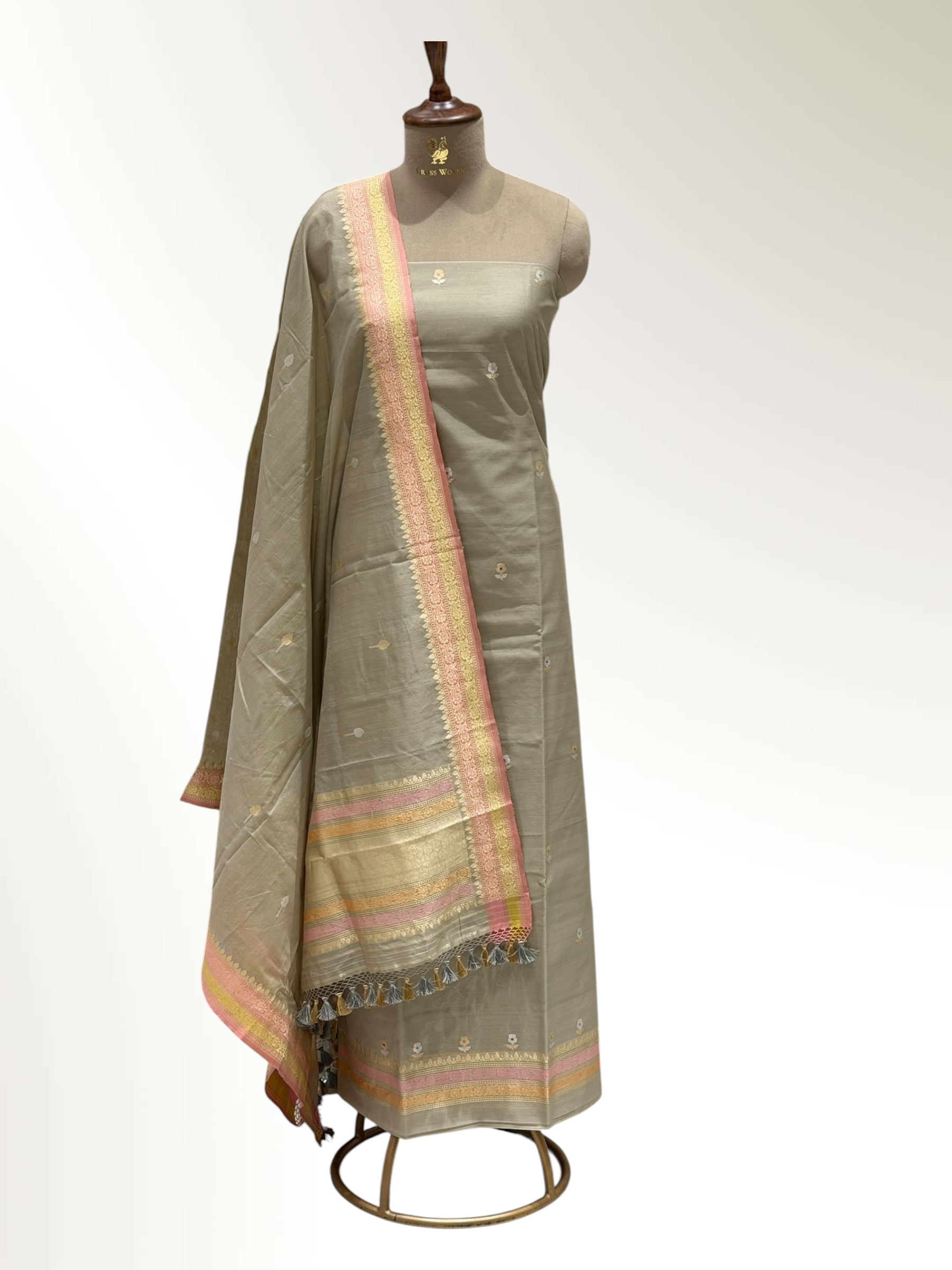 Gray Premium Cotton Banarasi Silk Suit With Meenakari Floral Motif