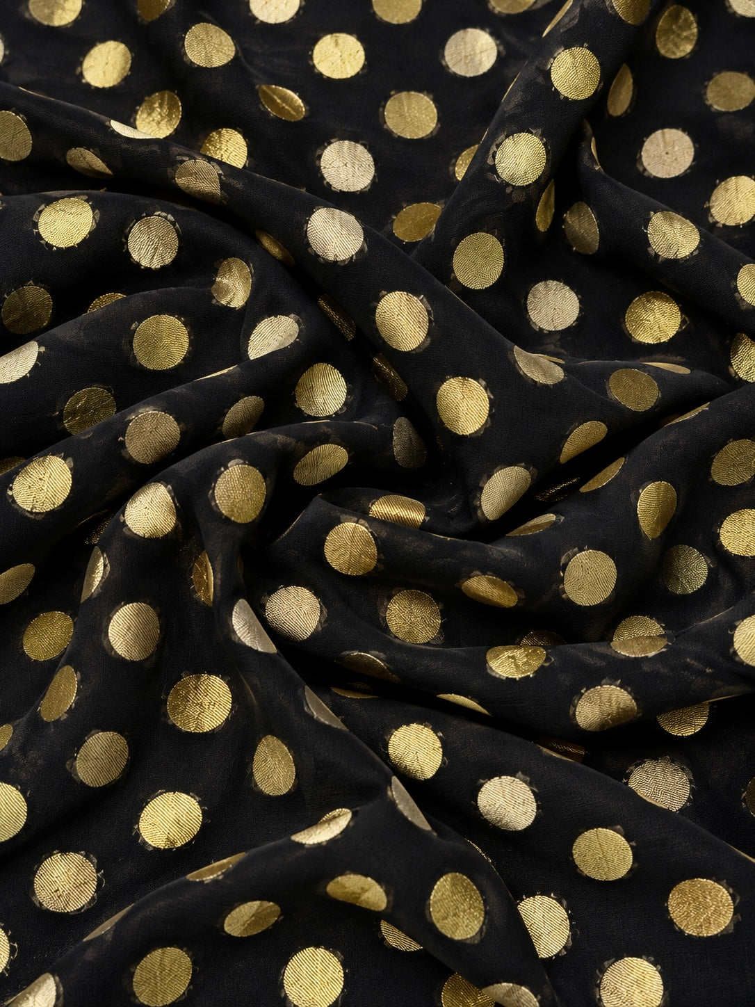 Black Pure Georgette Fabric with Polka Dots
