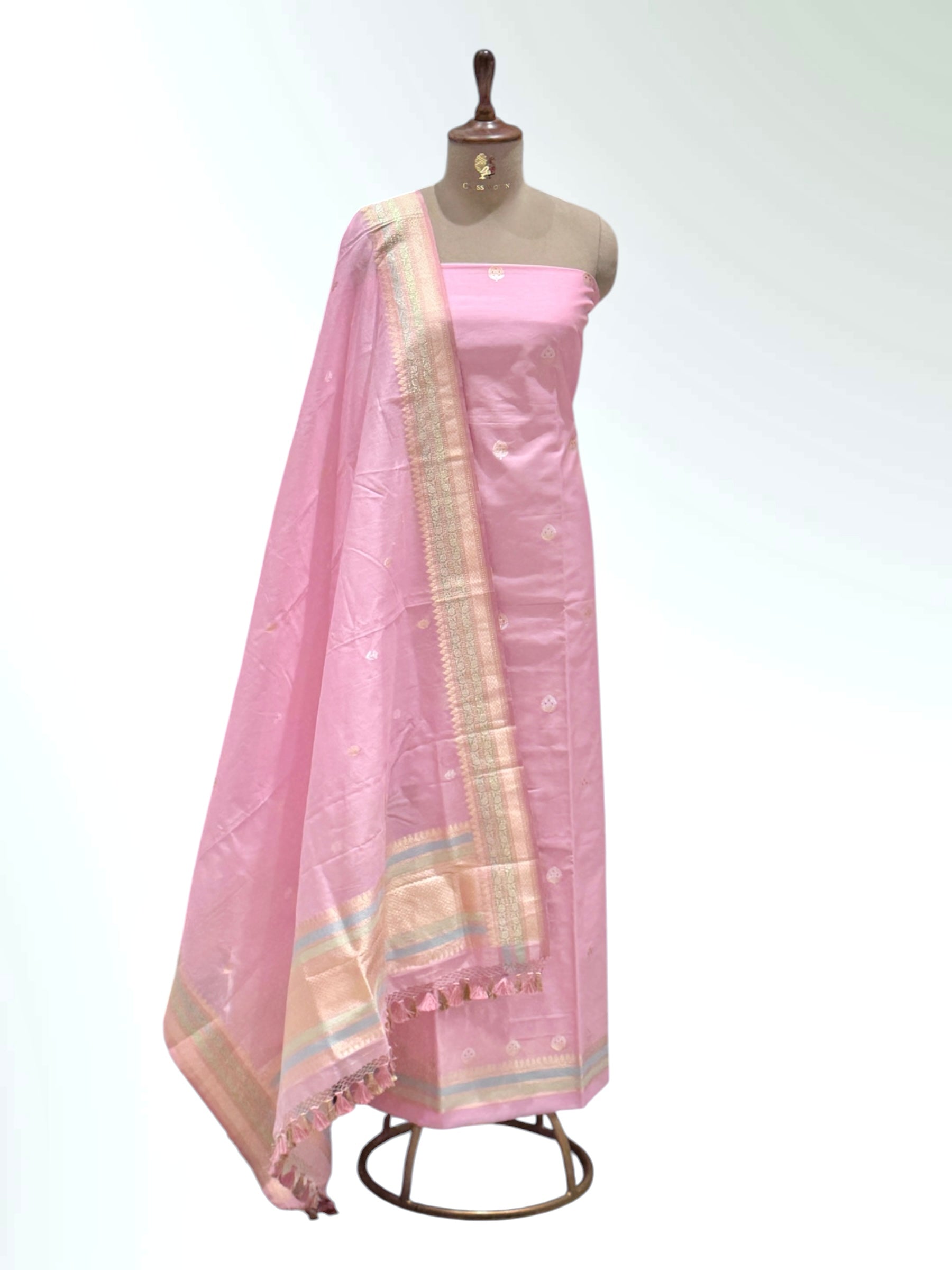Pink Premium Cotton Banarasi Silk Suit With Meenakari Floral Motif