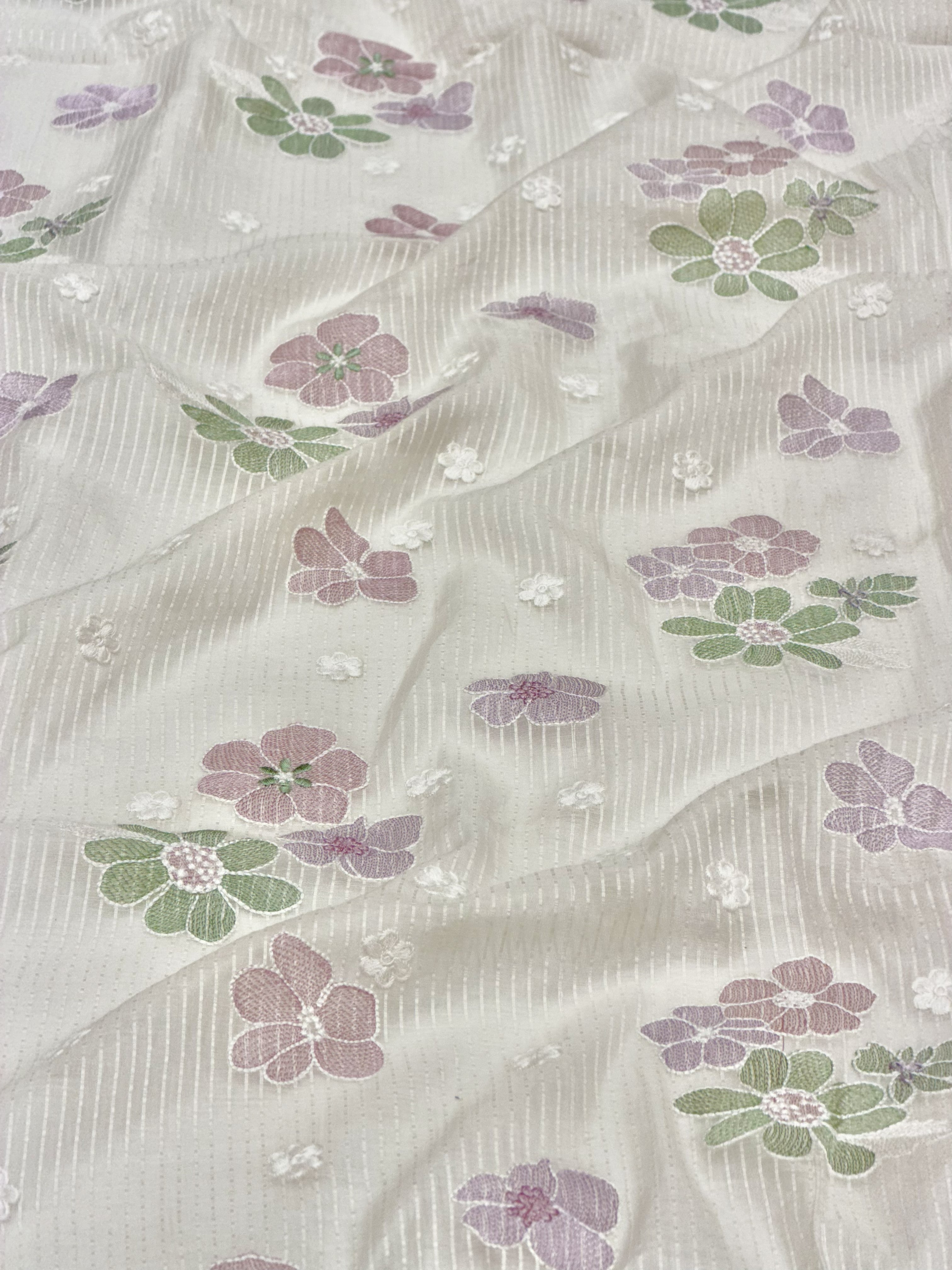 White Mul Fabric with Pastel Floral Embroidery & Woven Self Stripes