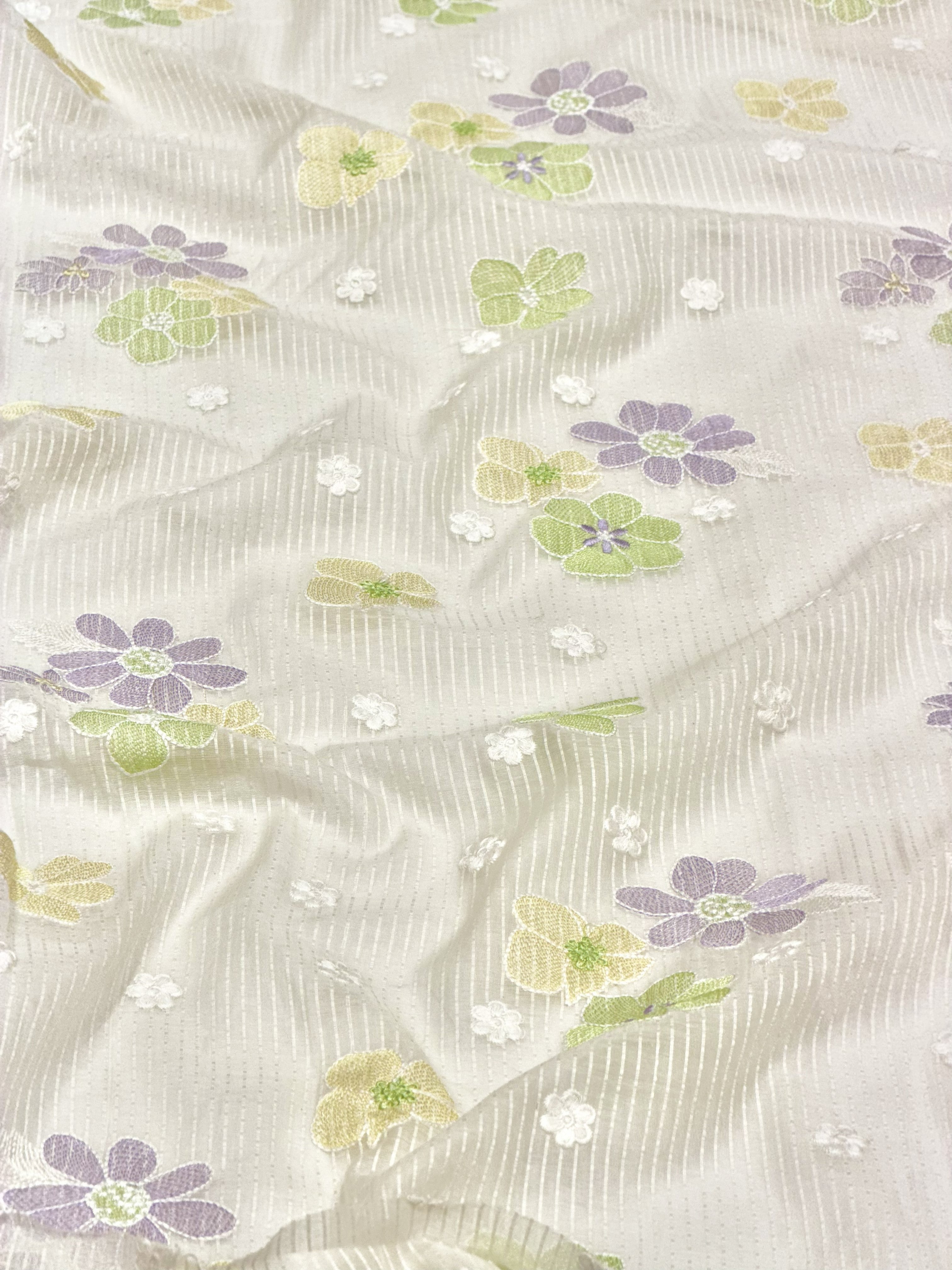 White Mul Fabric with Pastel Floral Embroidery & Woven Self Stripes