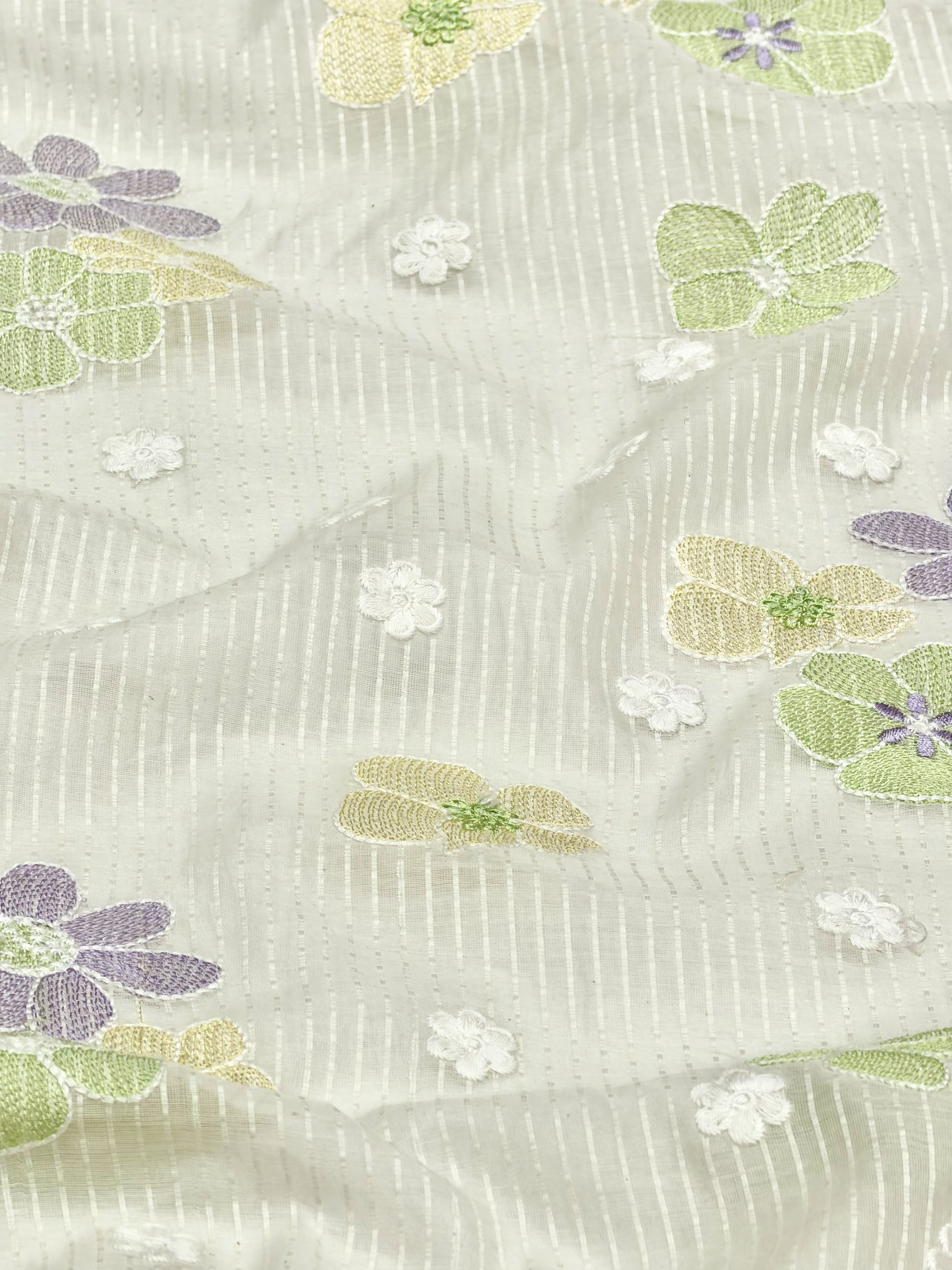 White Mul Fabric with Pastel Floral Embroidery & Woven Self Stripes