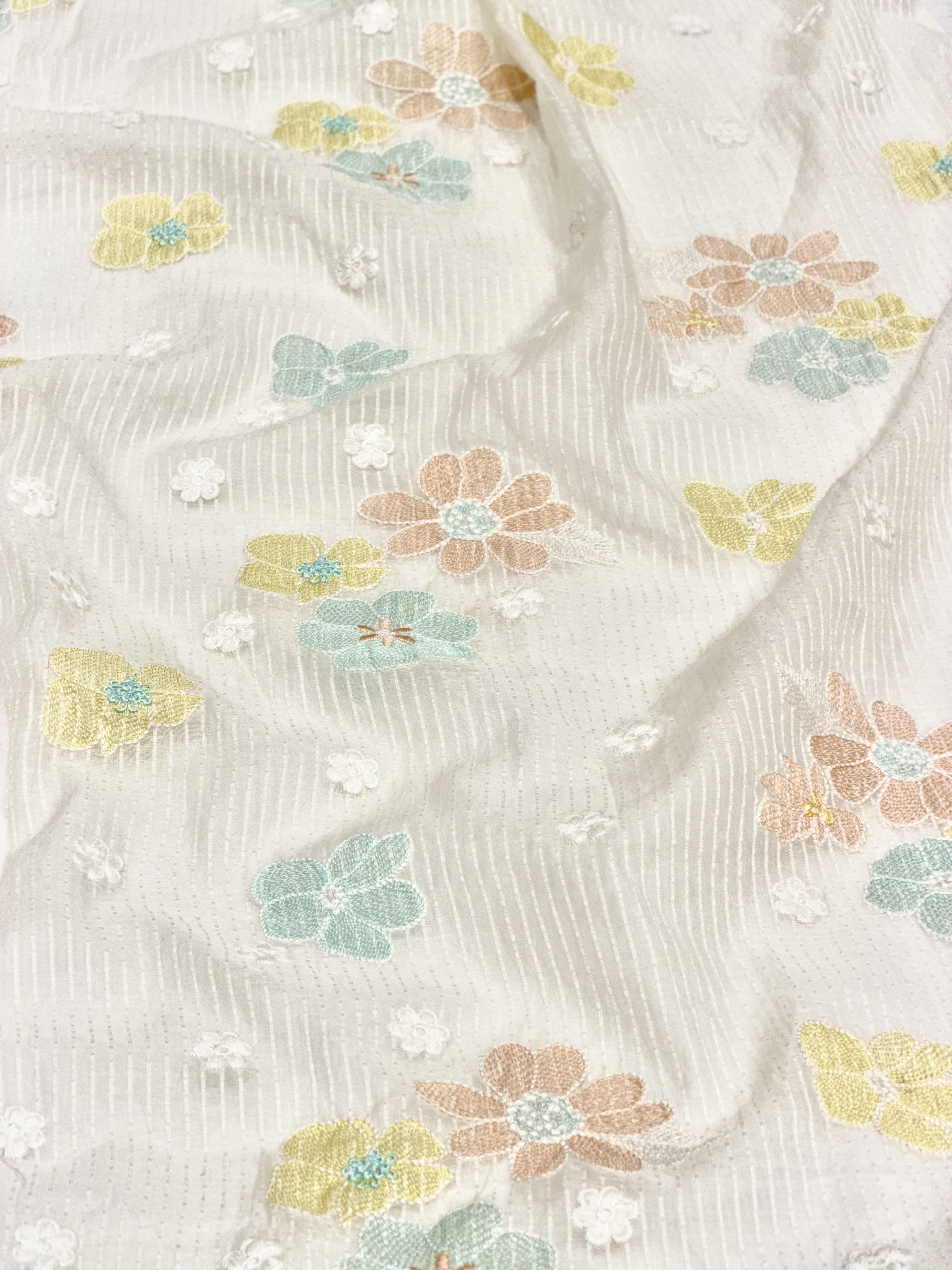 White Mul Fabric with Pastel Floral Embroidery & Woven Self Stripes