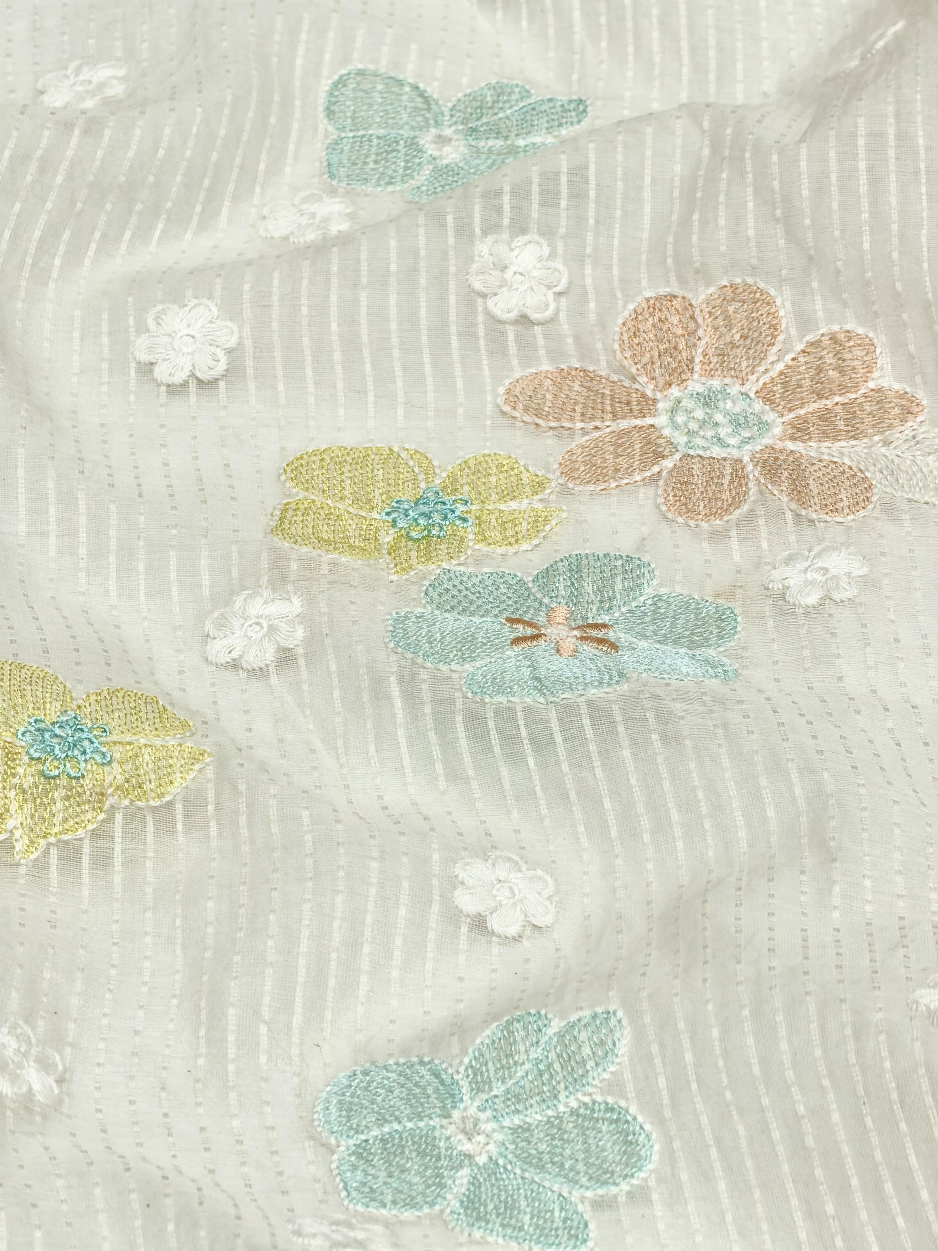 White Mul Fabric with Pastel Floral Embroidery & Woven Self Stripes