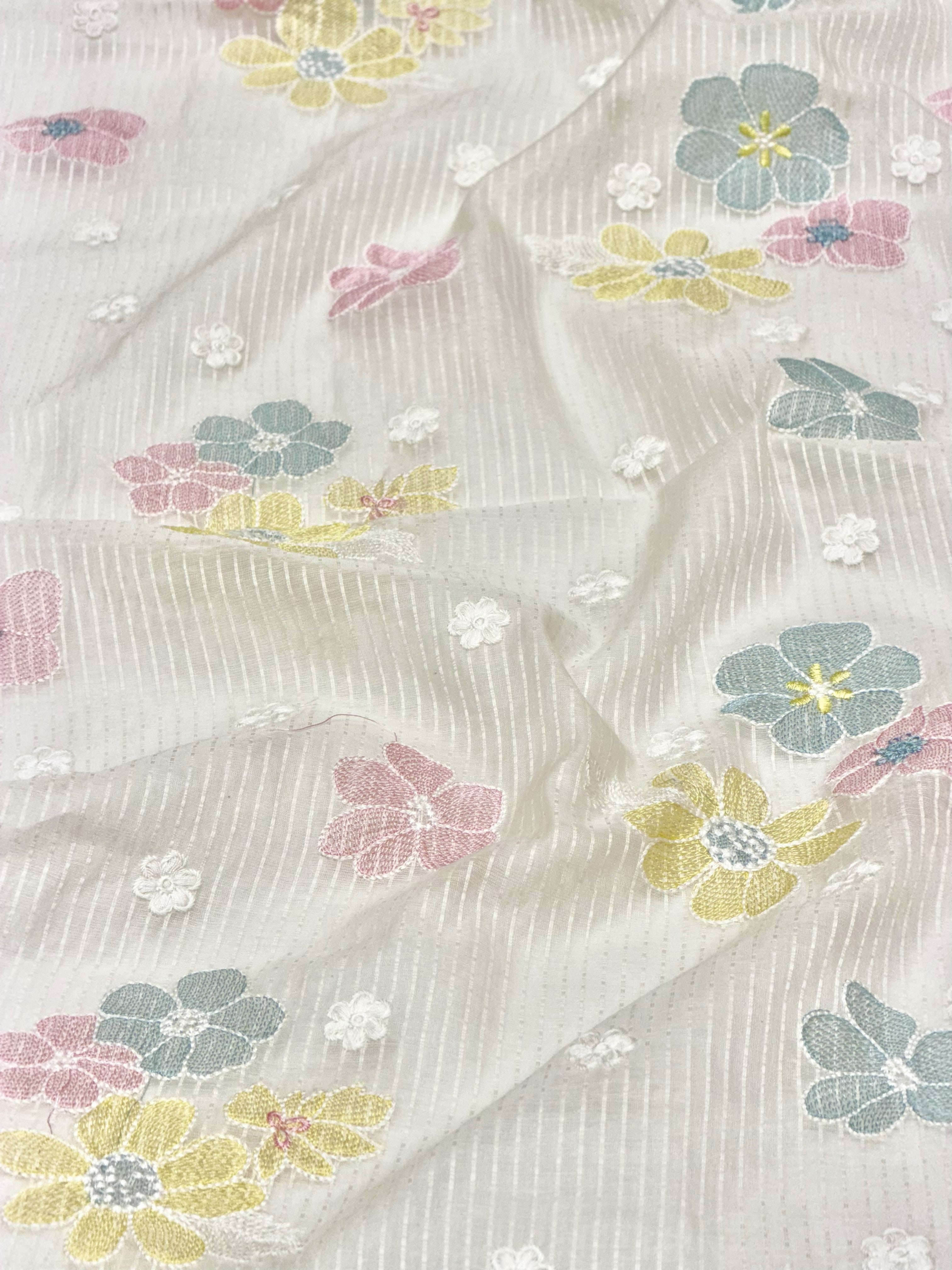 White Mul Fabric with Pastel Floral Embroidery & Woven Self Stripes
