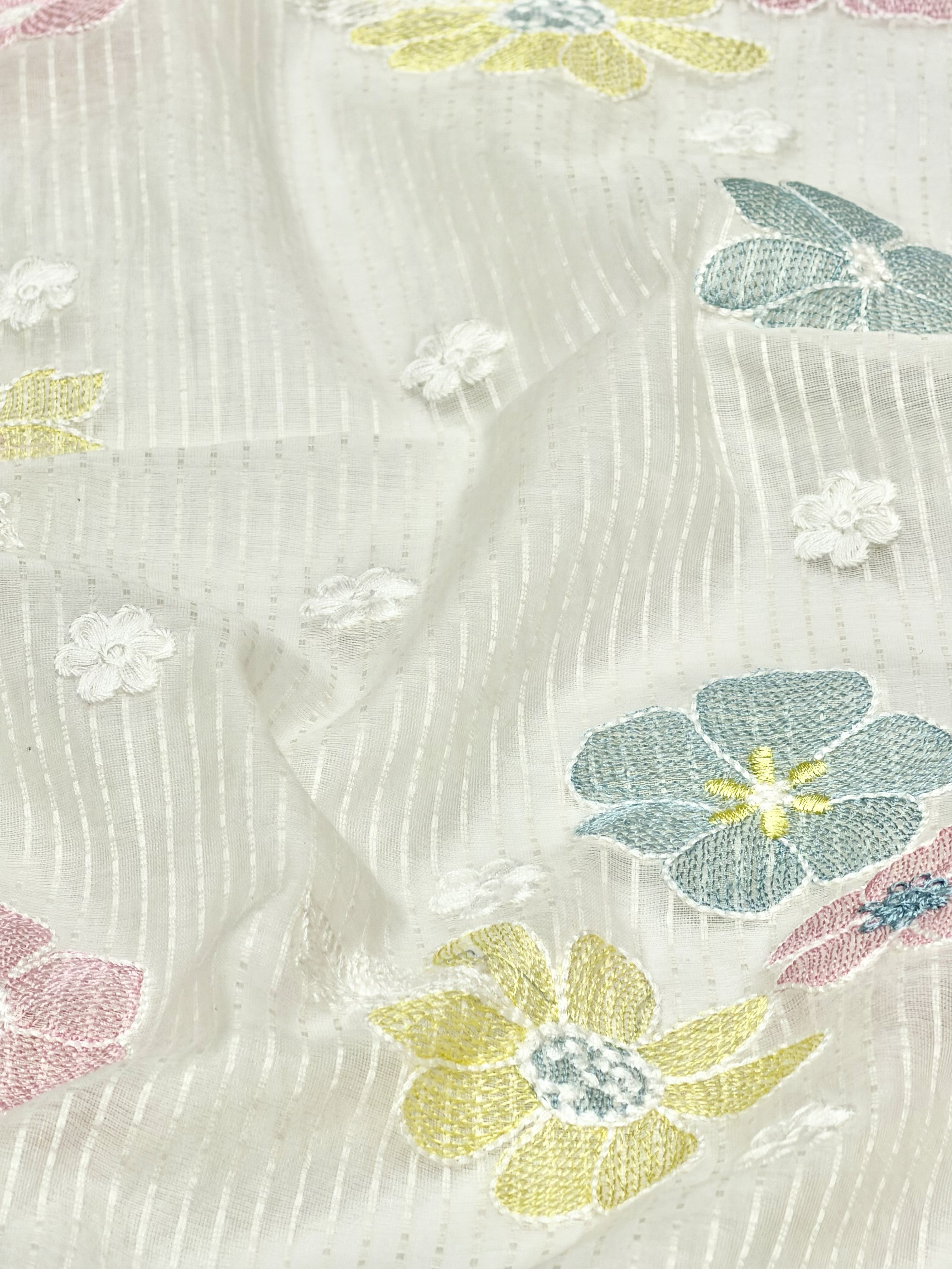 White Mul Fabric with Pastel Floral Embroidery & Woven Self Stripes