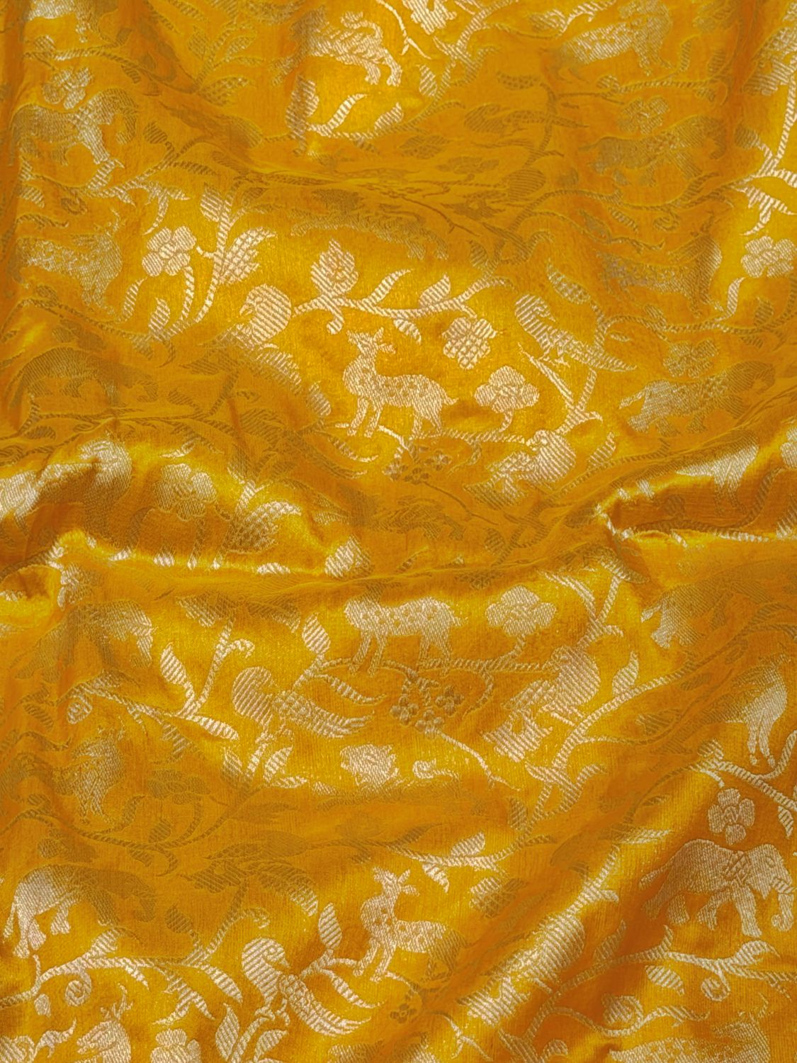 Yellow Banarasi Shikarghah Pure Katan Silk Fabric