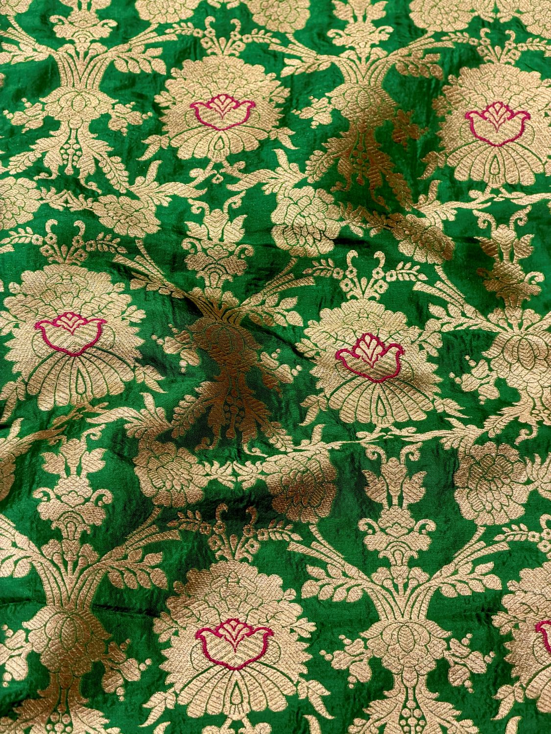 Deep Green Banarasi Allover Floral Jaal Pure Katan Silk Fabric