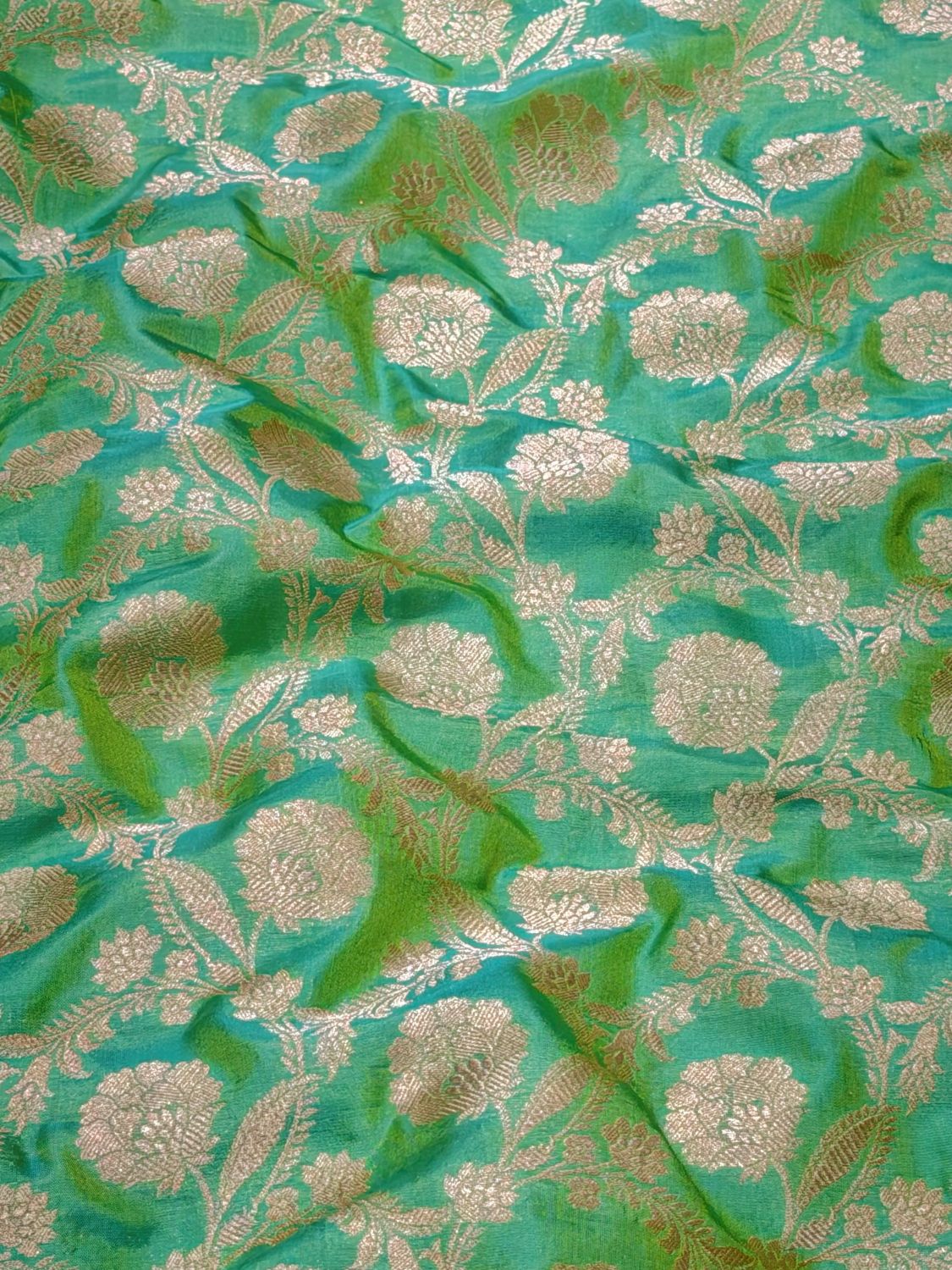 Dual Tone Peacock Green Allover Jaal Pure Katan Silk Fabric