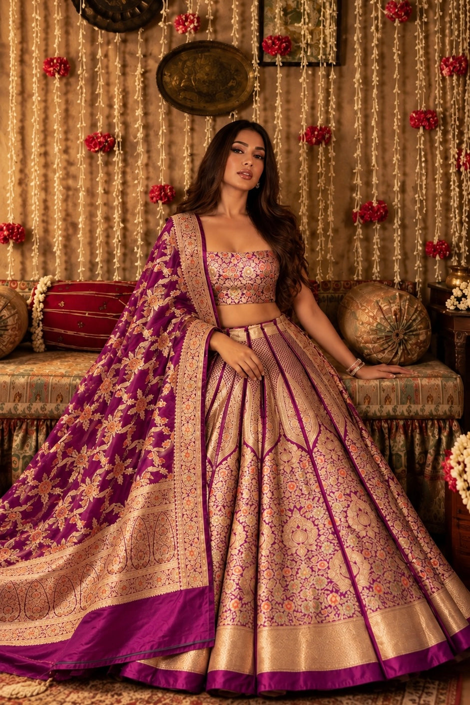 Magenta Purple Meena Floral Banarasi Pure Katan Silk Lehenga