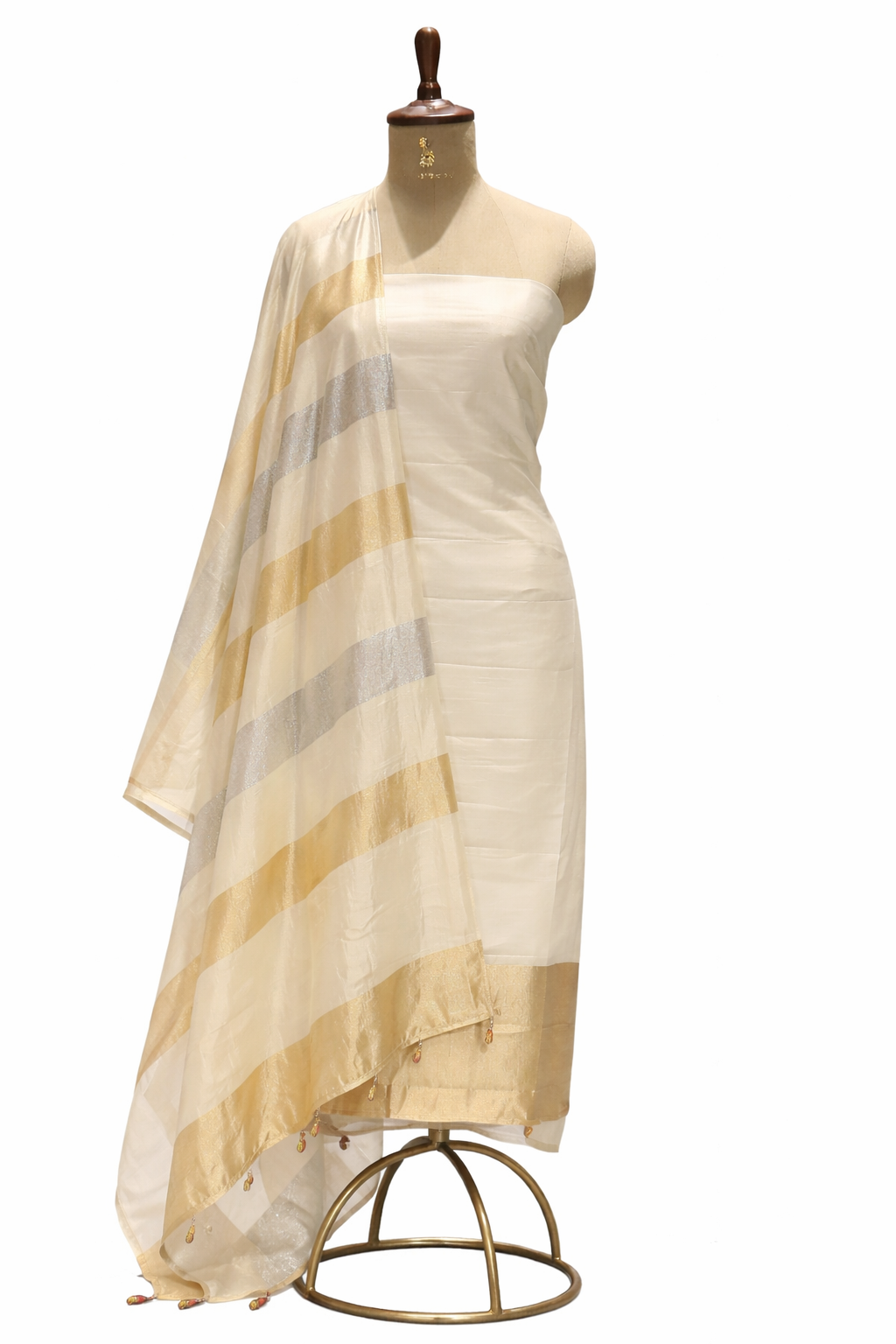 Ivory Pure Soft Silk Suit Set With Tissue Panelled Dupatta