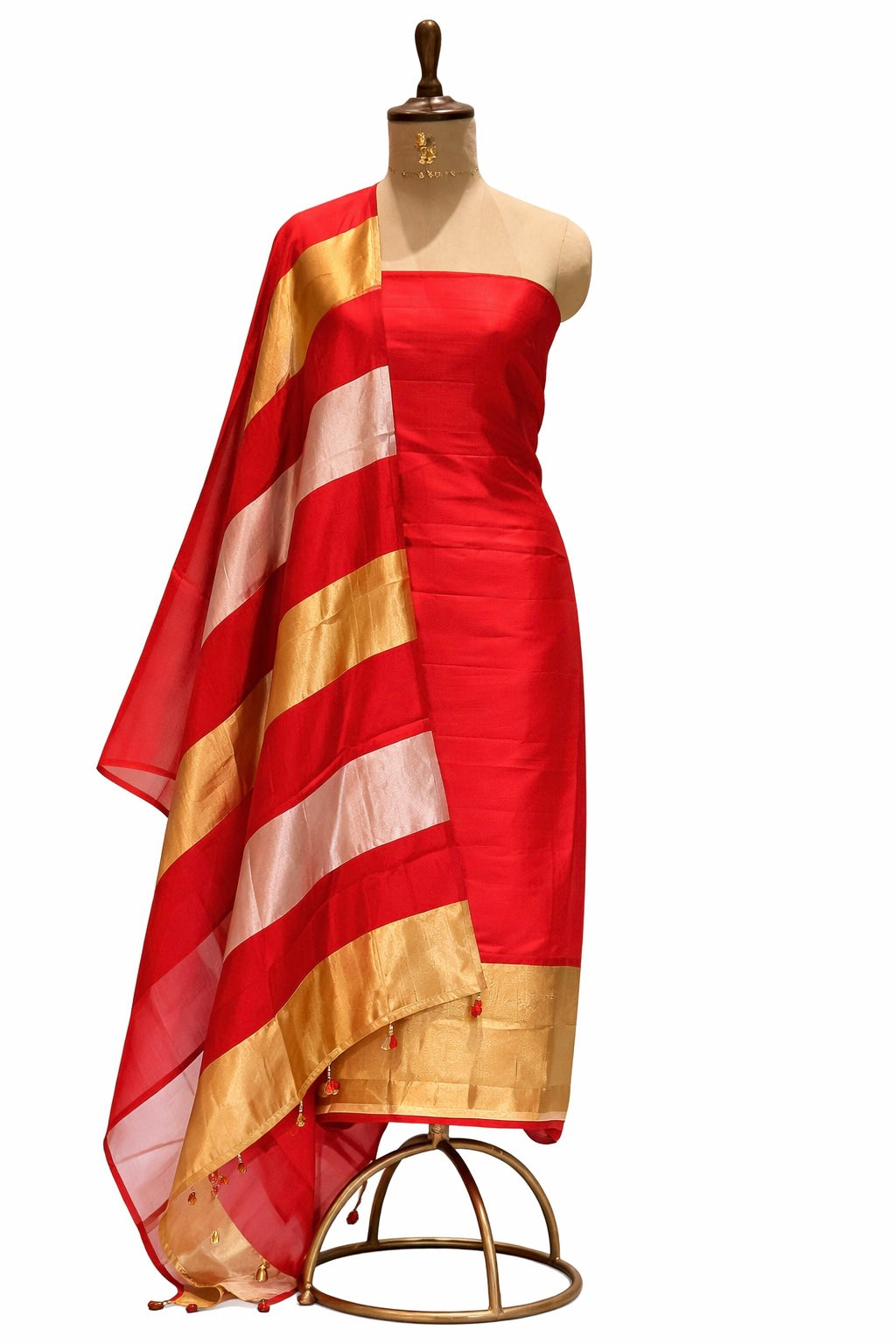 Red Pure Soft Silk Suit Set With Tissue Panelled Dupatta