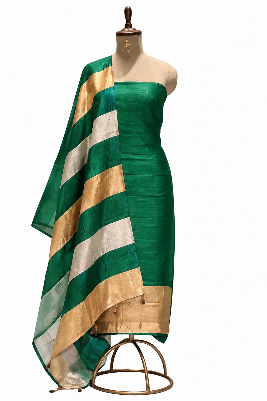 Bottle Green Pure Soft Silk Suit Set With Tissue Panelled Dupatta